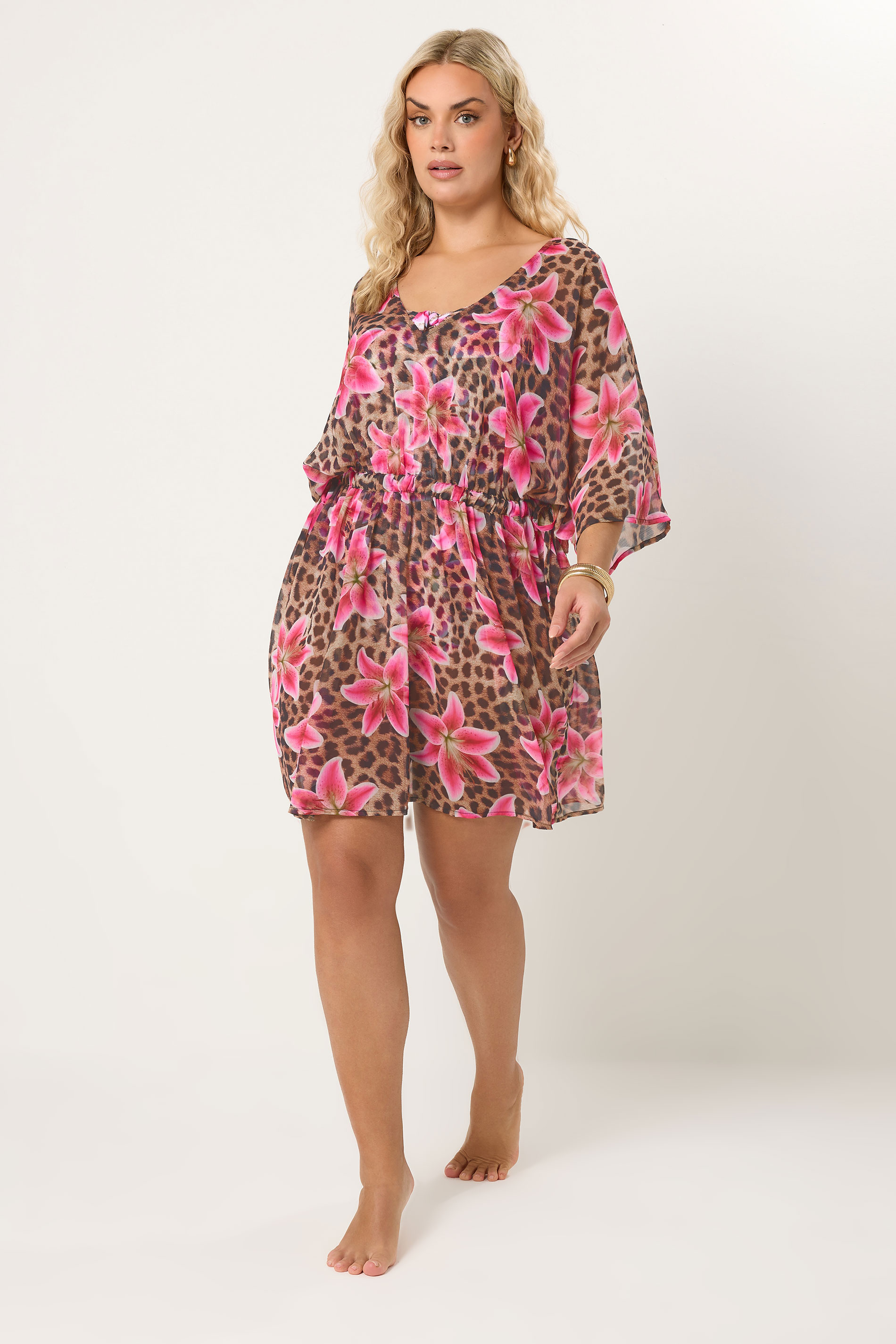 YOURS Plus Size Brown Floral Leopard Beach Kaftan | Yours Clothing 1