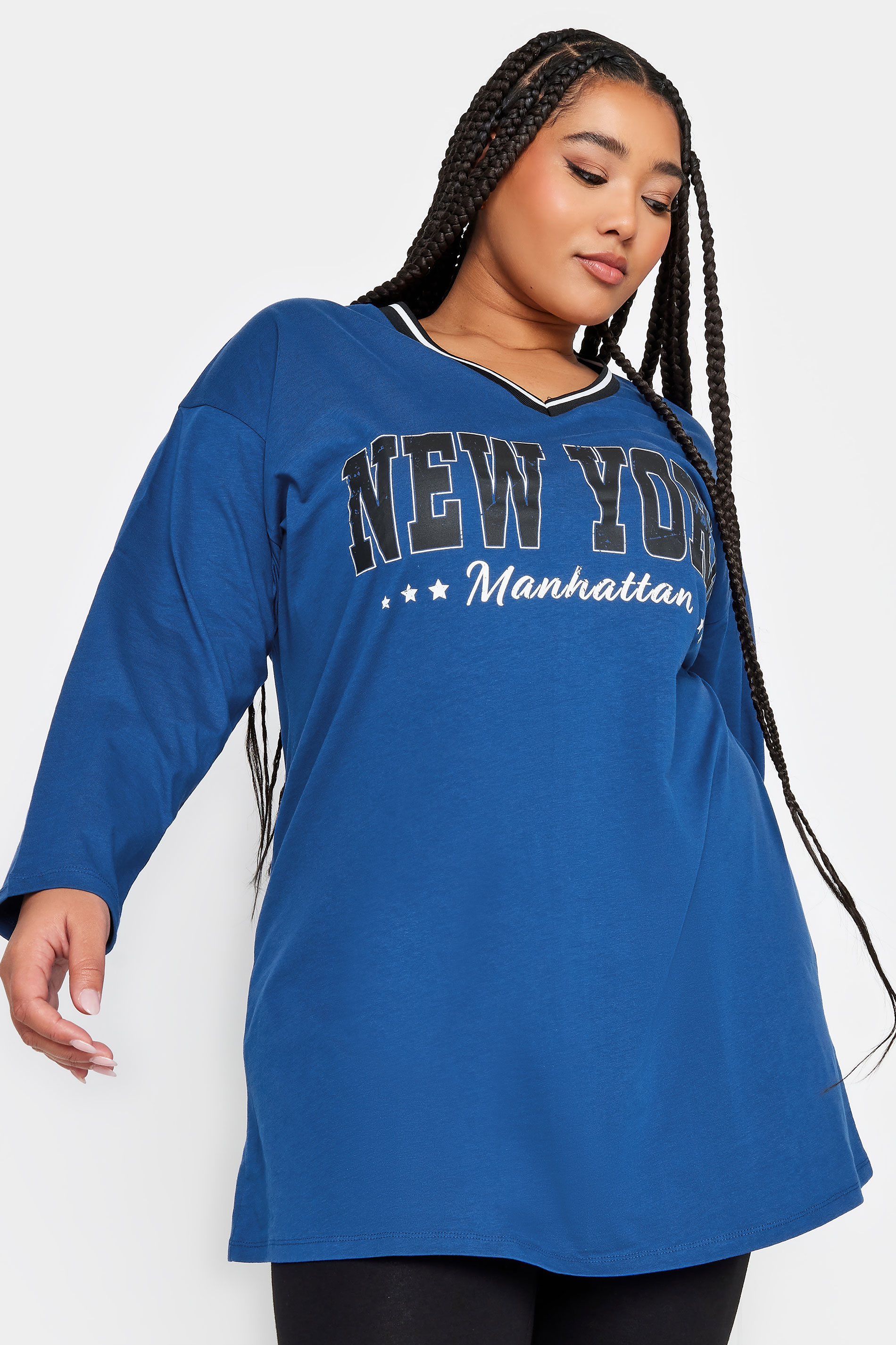 YOURS Plus Size Cobalt Blue 'New York' Varsity Oversized Tunic Top | Yours Clothing 1