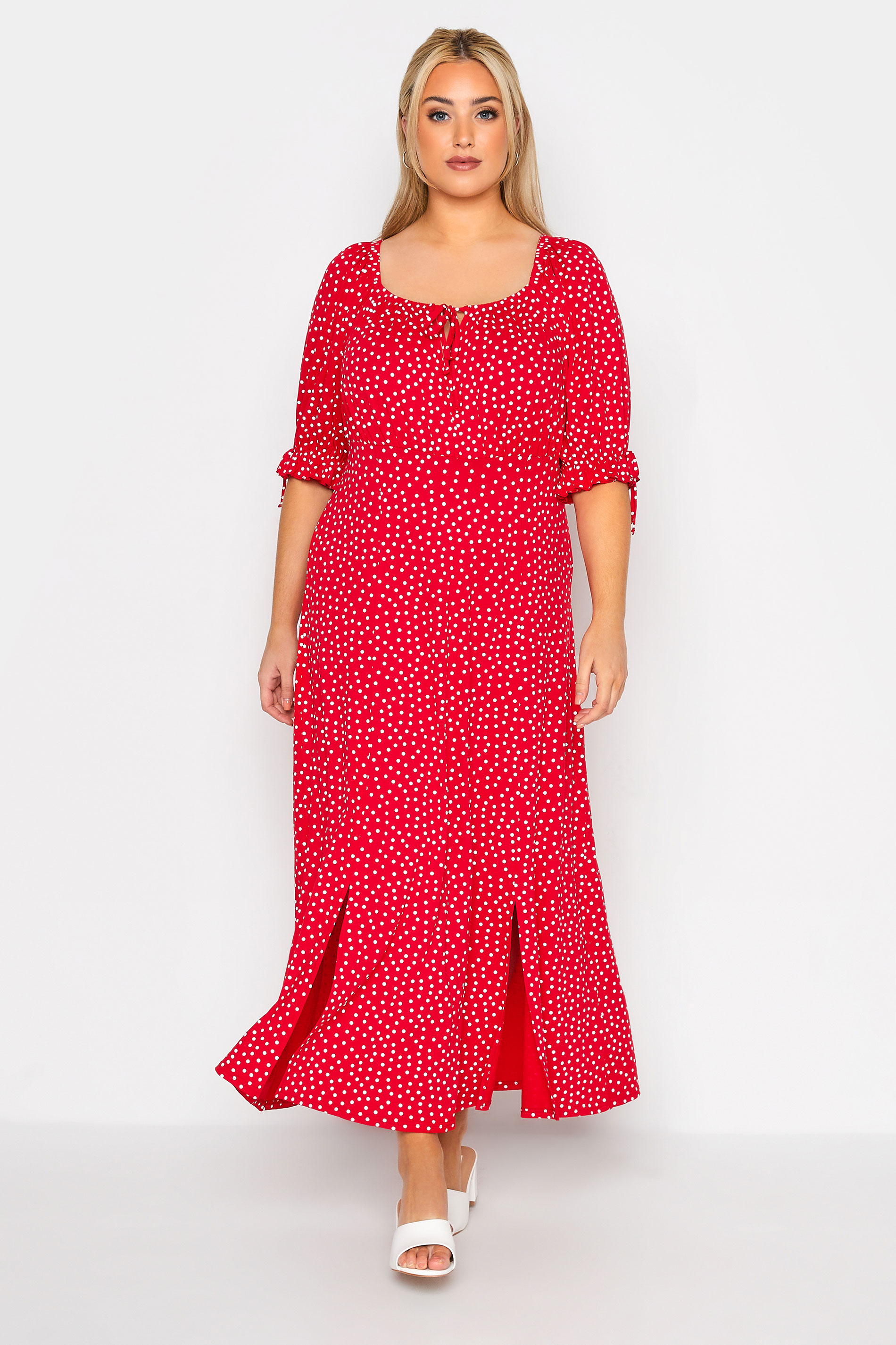 Robes Grande Taille Grande taille  Robes Longues | LIMITED COLLECTION - Robe Rouge Maxi Style Milkmaid à Pois - DX86067