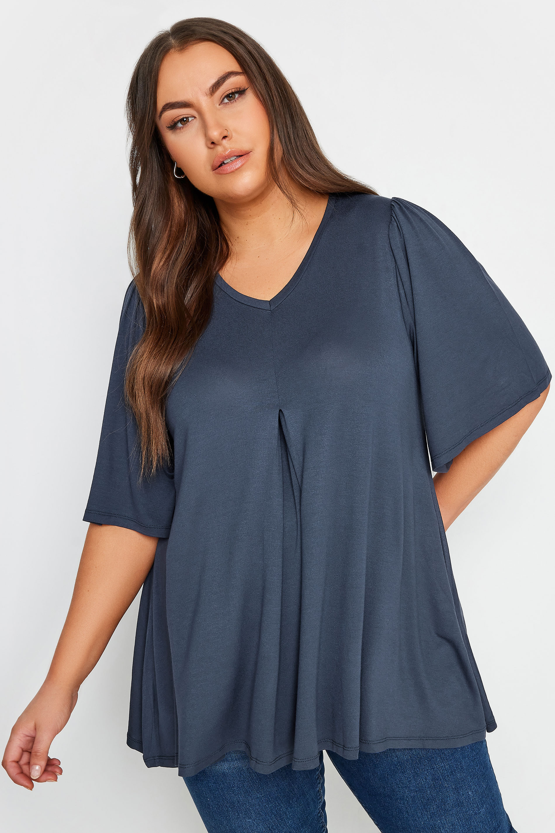 YOURS Plus Size Blue Pleated Swing Top | Yours Clothing 1