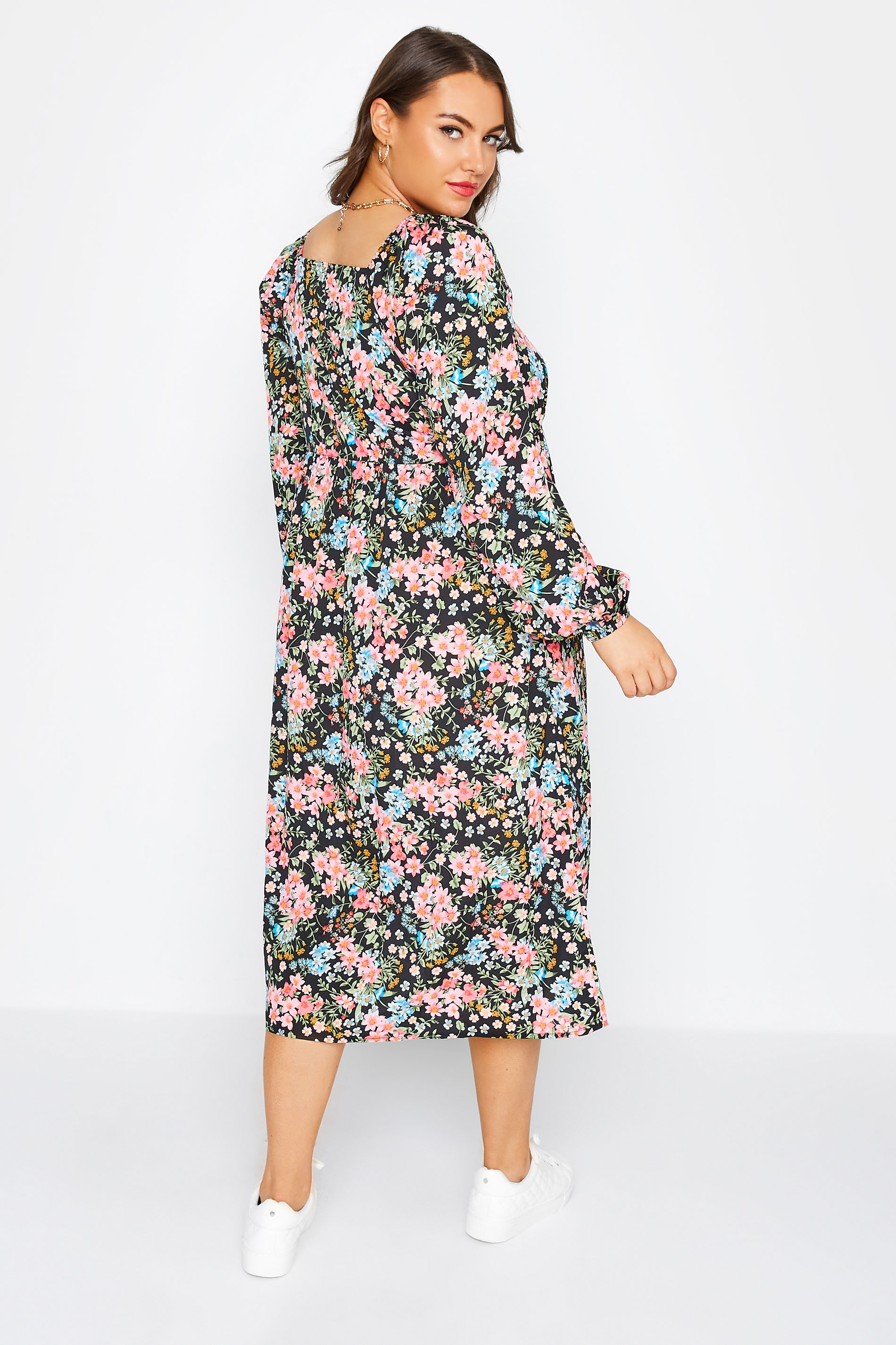 YOURS Plus Size Black Floral Balloon Sleeve Midi Dress | Yours Clothing  3