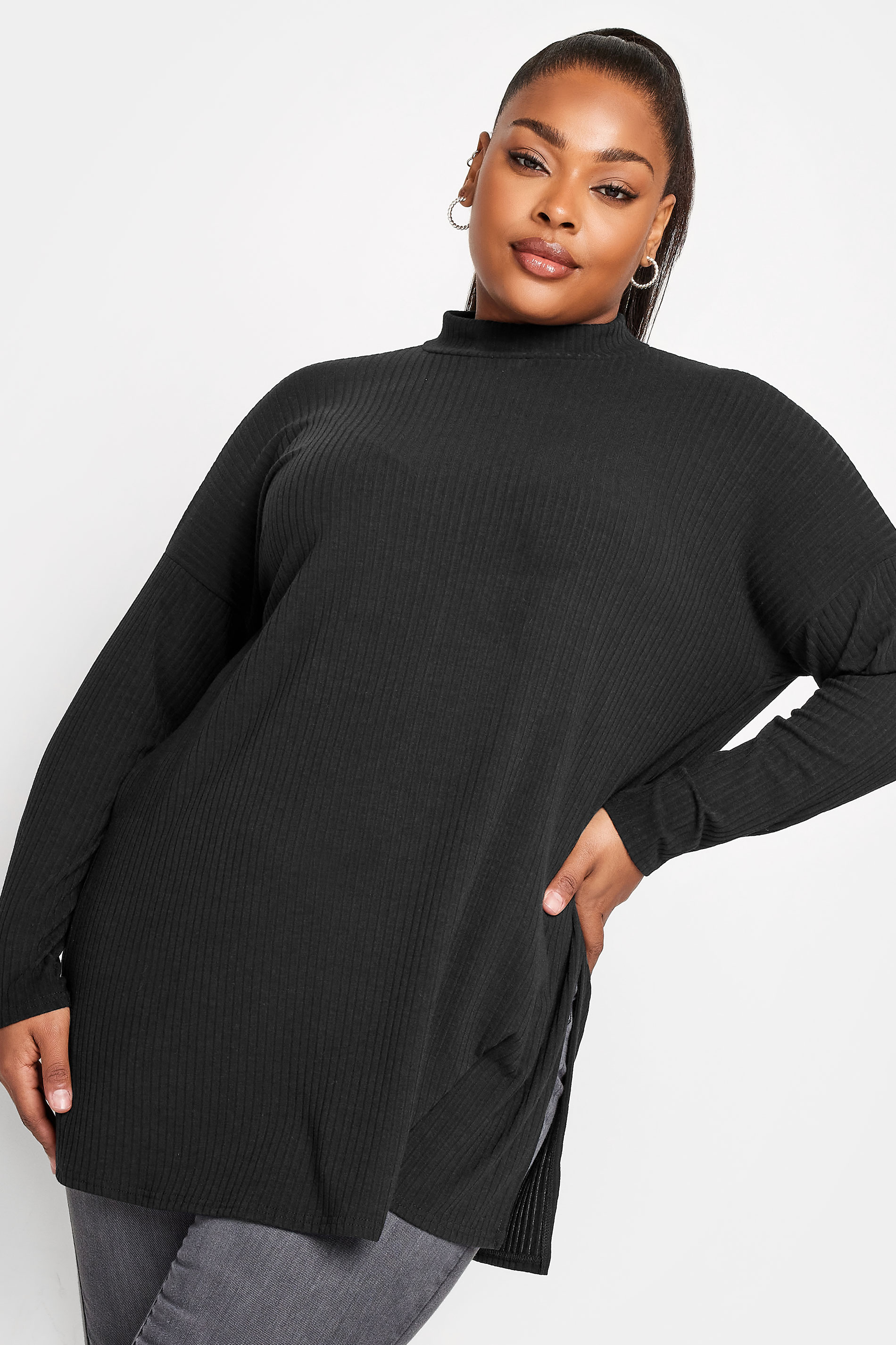 YOURS Plus Size Black Ribbed Turtle Neck Top | Yours Clothing 1