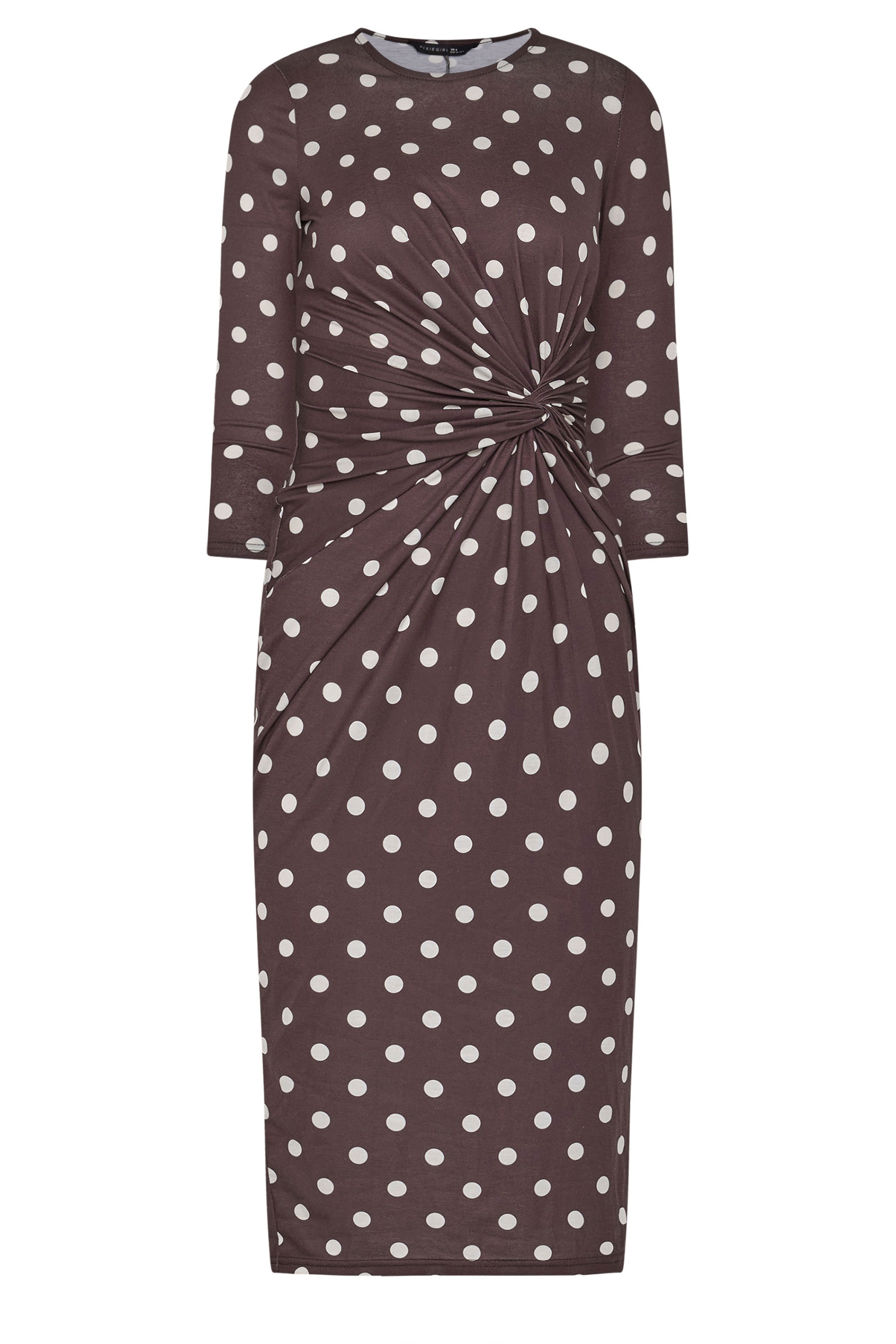 PixieGirl Petite Women's Chocolate Brown Polka Dot Twist Front Midi Dress | PixieGirl 6