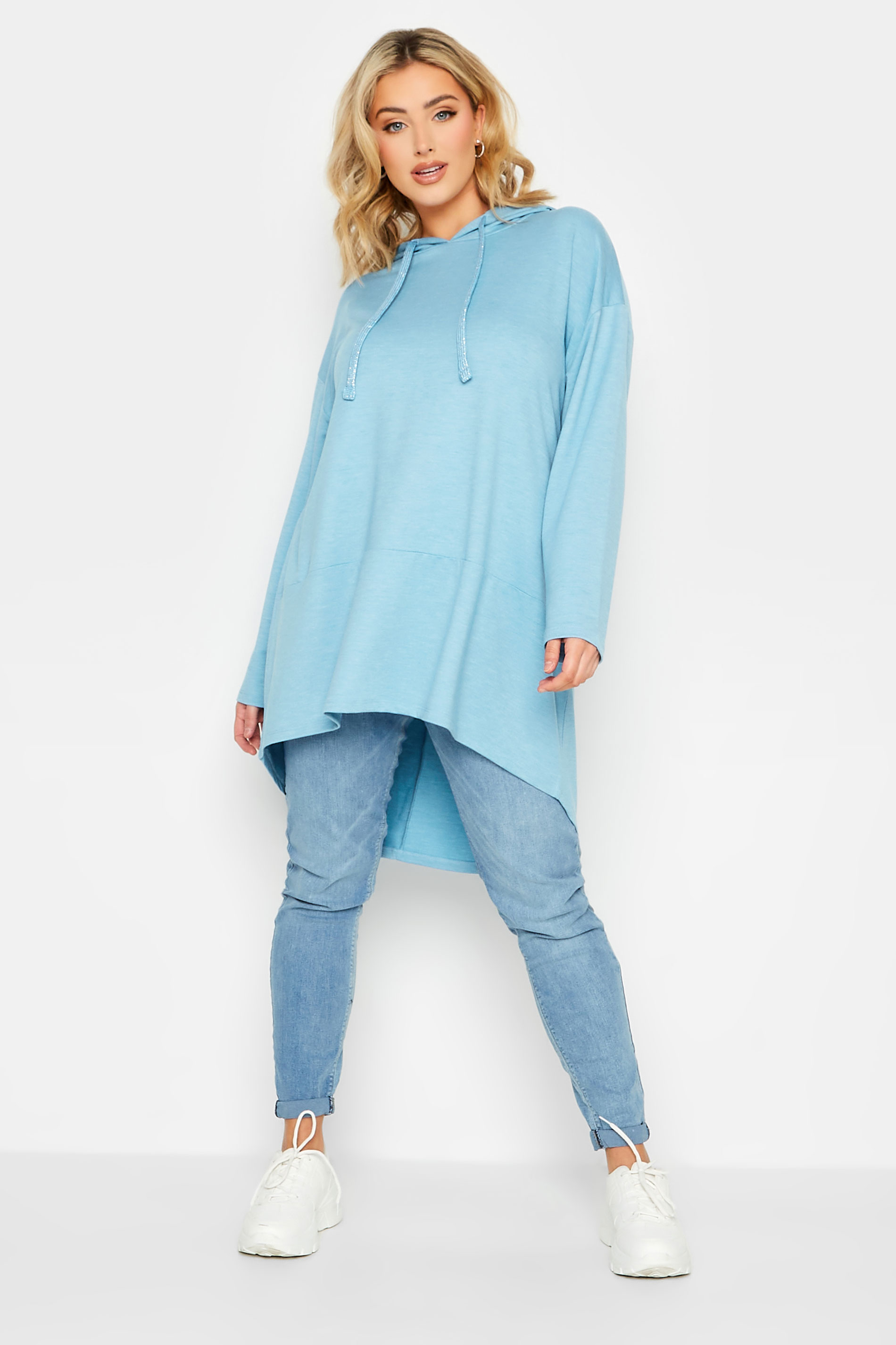 YOURS Plus Size Blue Metallic Cord Dipped Hem Hoodie | Yours Clothing 2