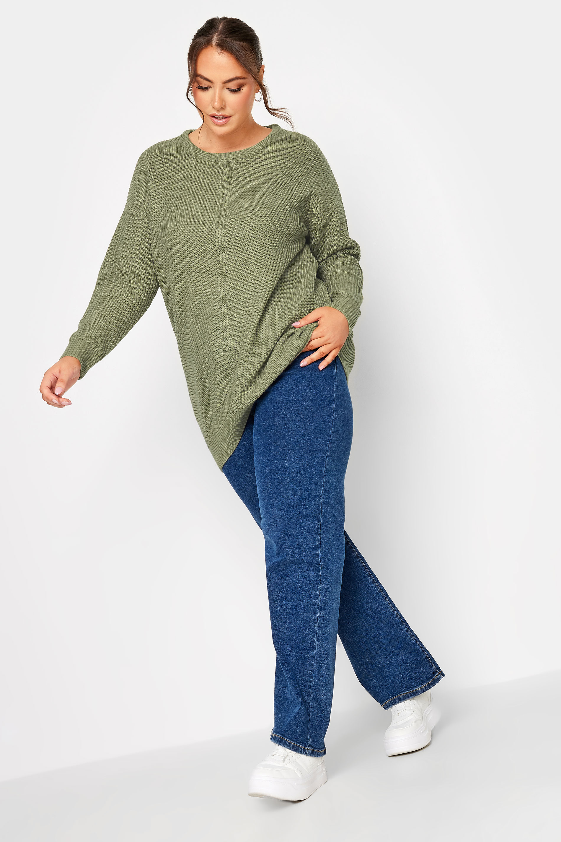 Plus Size Curve Khaki Green Essential Knitted Jumper | Yours Clothing 2