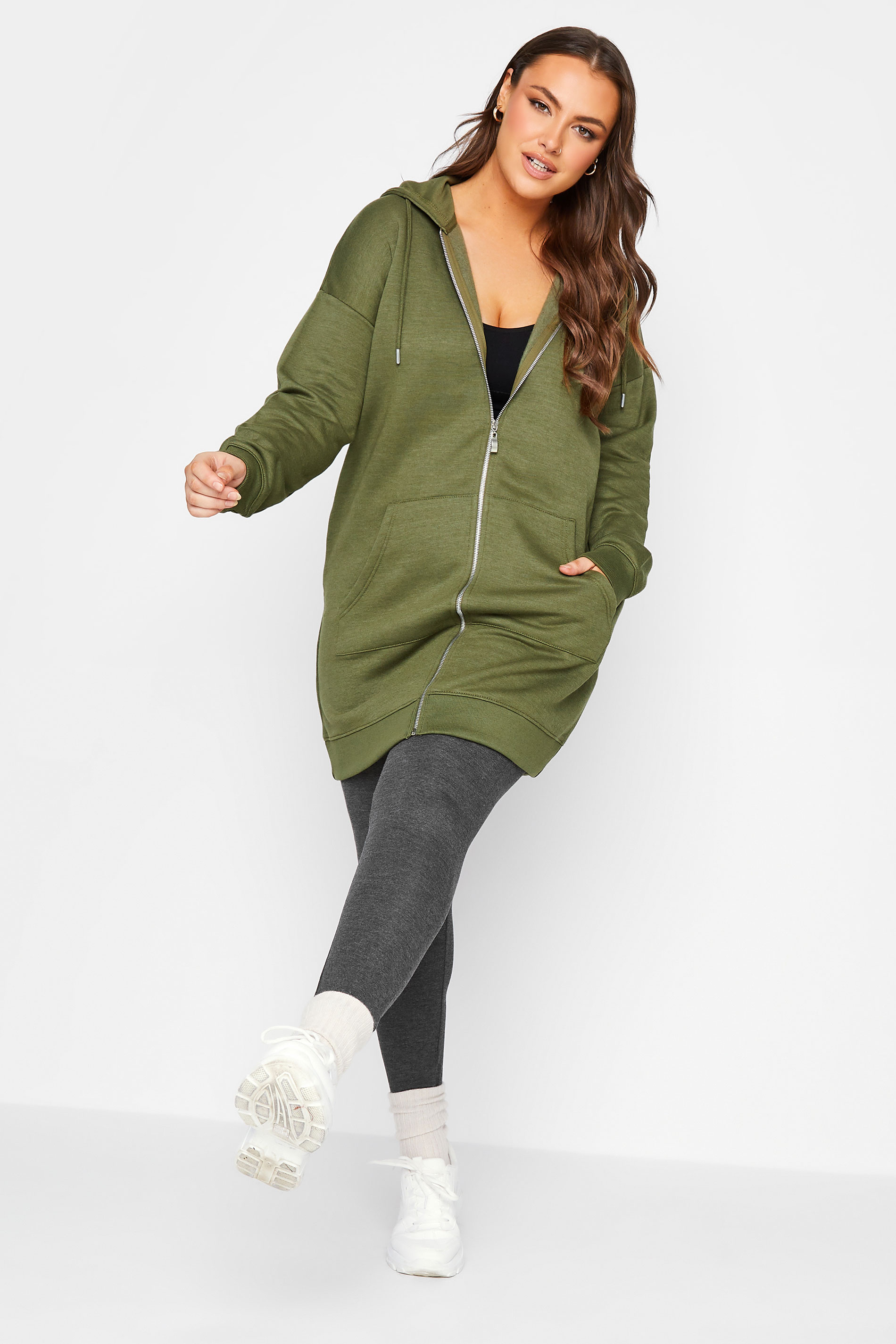 Curve Plus Size Womens Khaki Green Longline Zip Hoodie | Yours Clothing 2