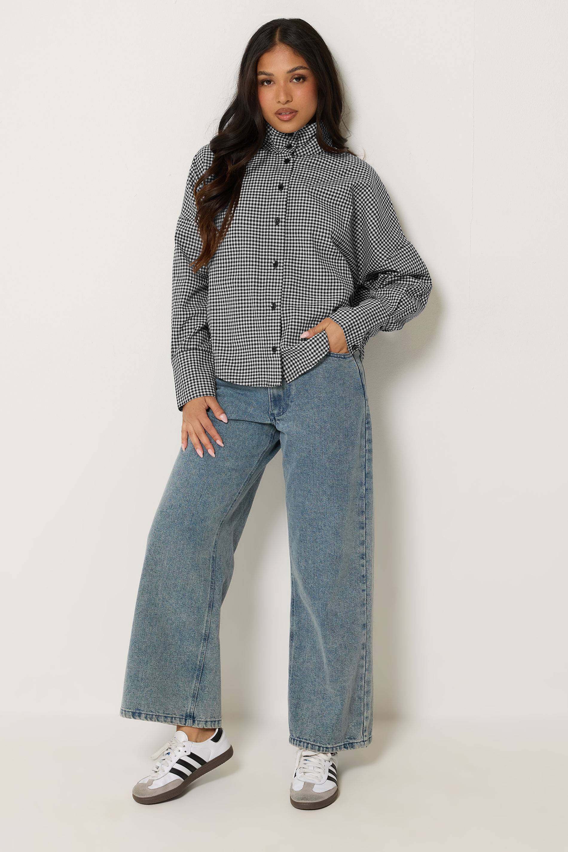 PixieGirl Petite Women's Black Gingham Funnel Neck Shirt| PixieGirl 1