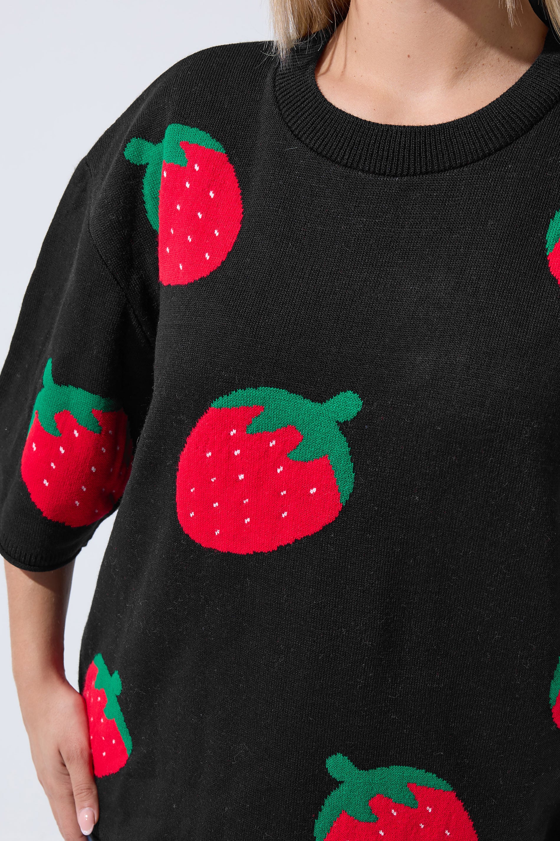 LIMITED COLLECTION Plus Size Black Strawberry Knitted Boxy Top | Yours Clothing 5