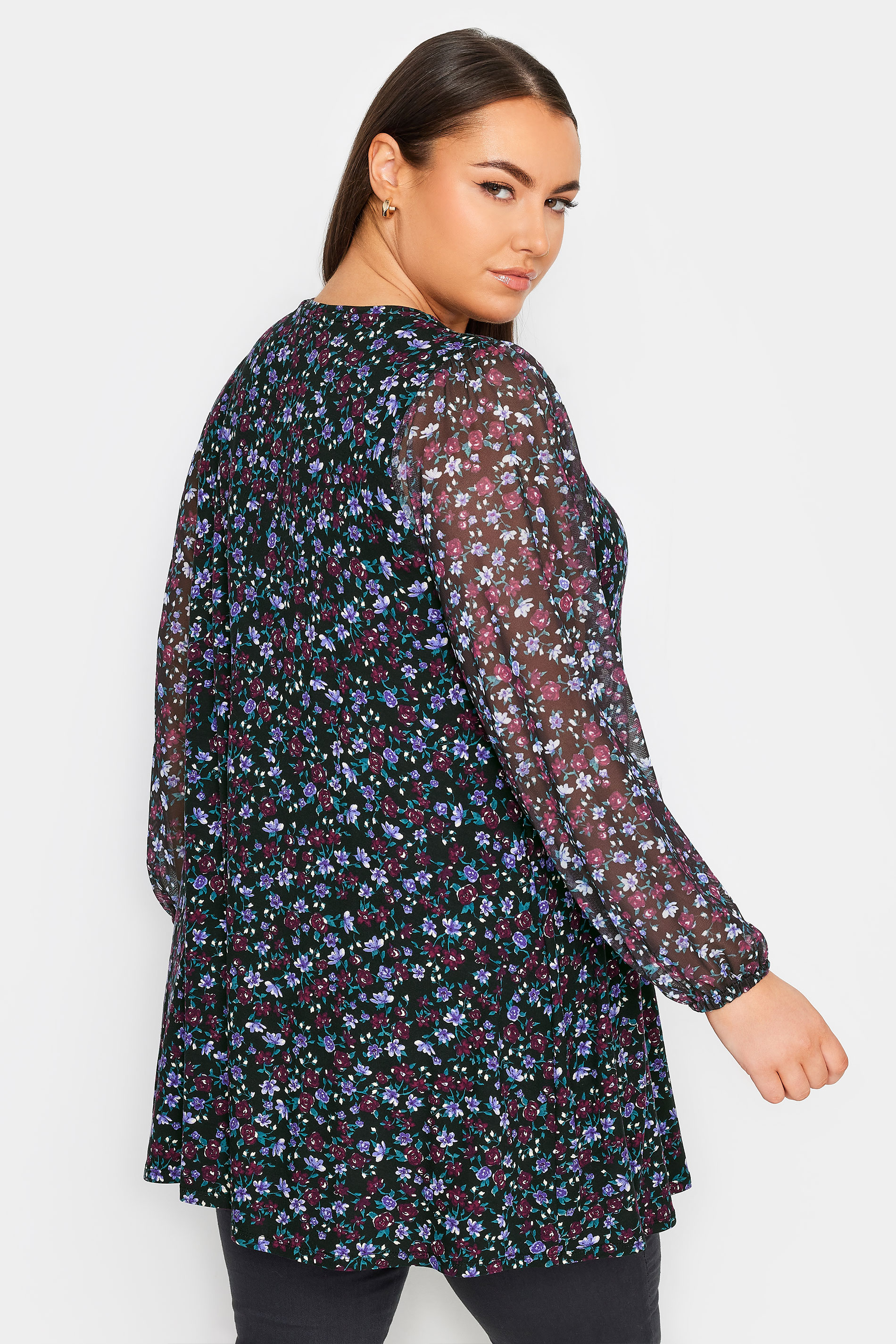 YOURS Plus Size Blue Floral Print Mesh Sleeve Top | Yours Clothing 3