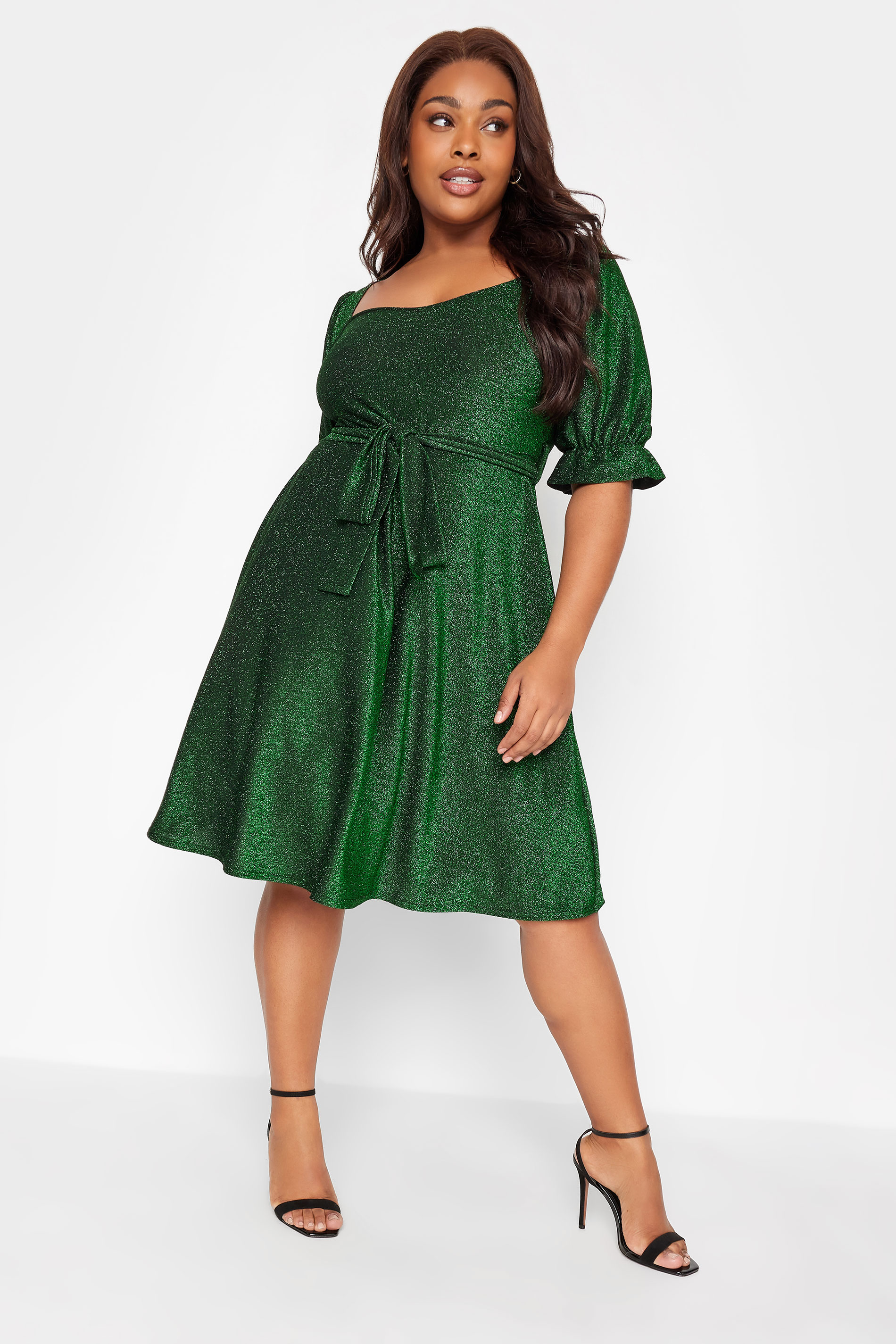 YOURS LONDON Plus Size Green Glitter Puff Sleeve Midi Dress | Yours Clothing 1