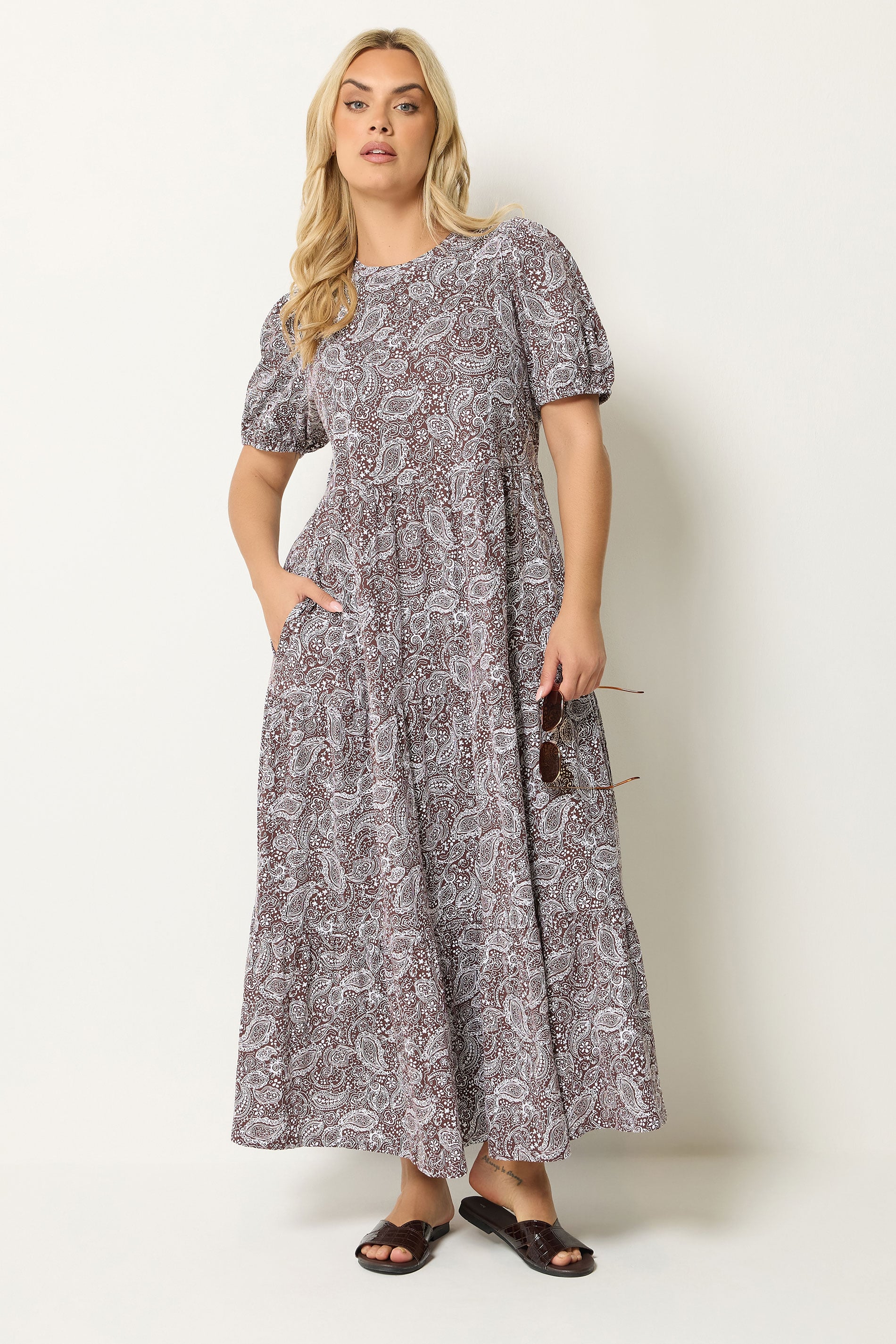 YOURS Plus Size Brown Paisley Tiered Maxi Dress | Yours Clothing 1