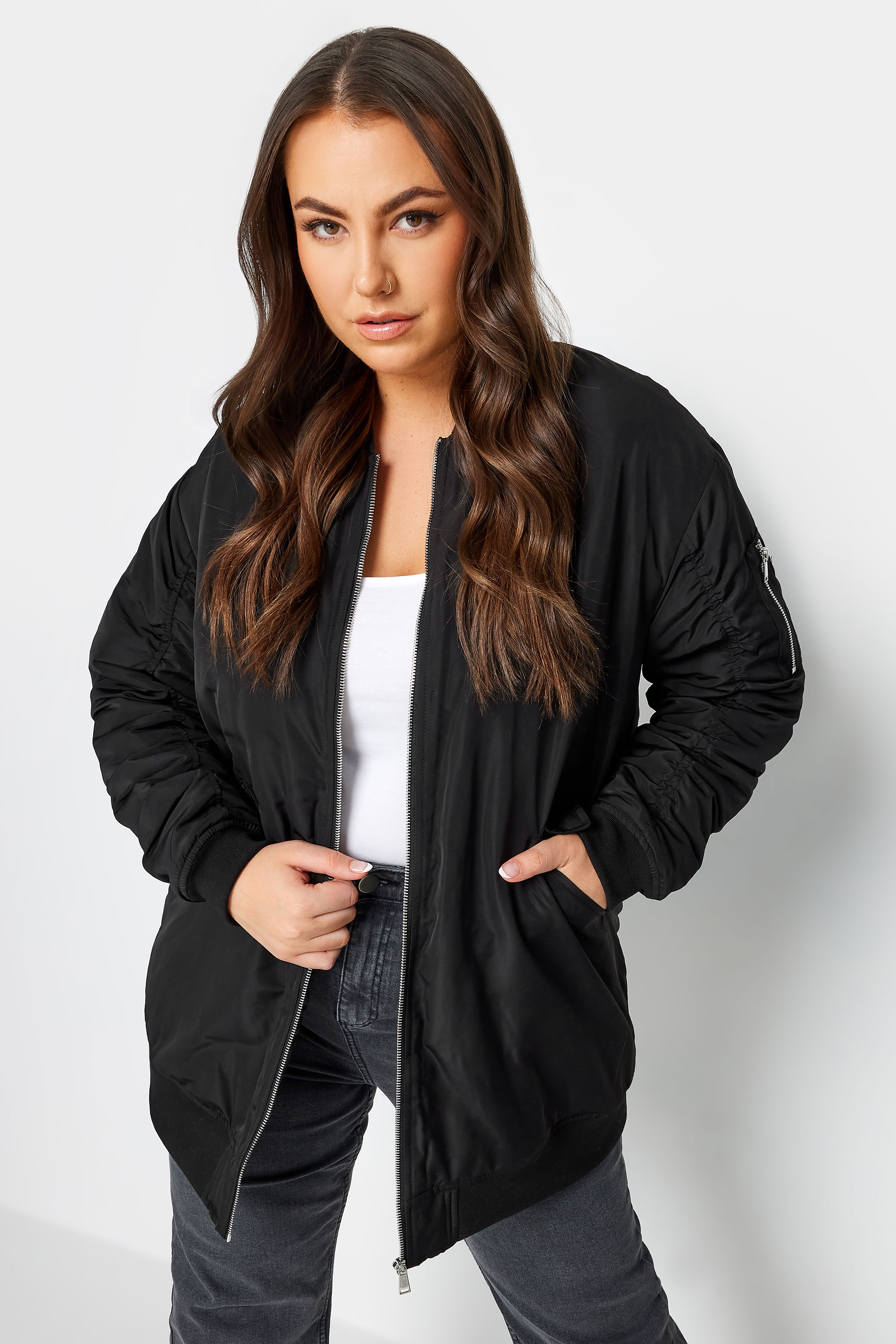 YOURS Plus Size Black Longline Bomber Jacket | Yours Clothing 1