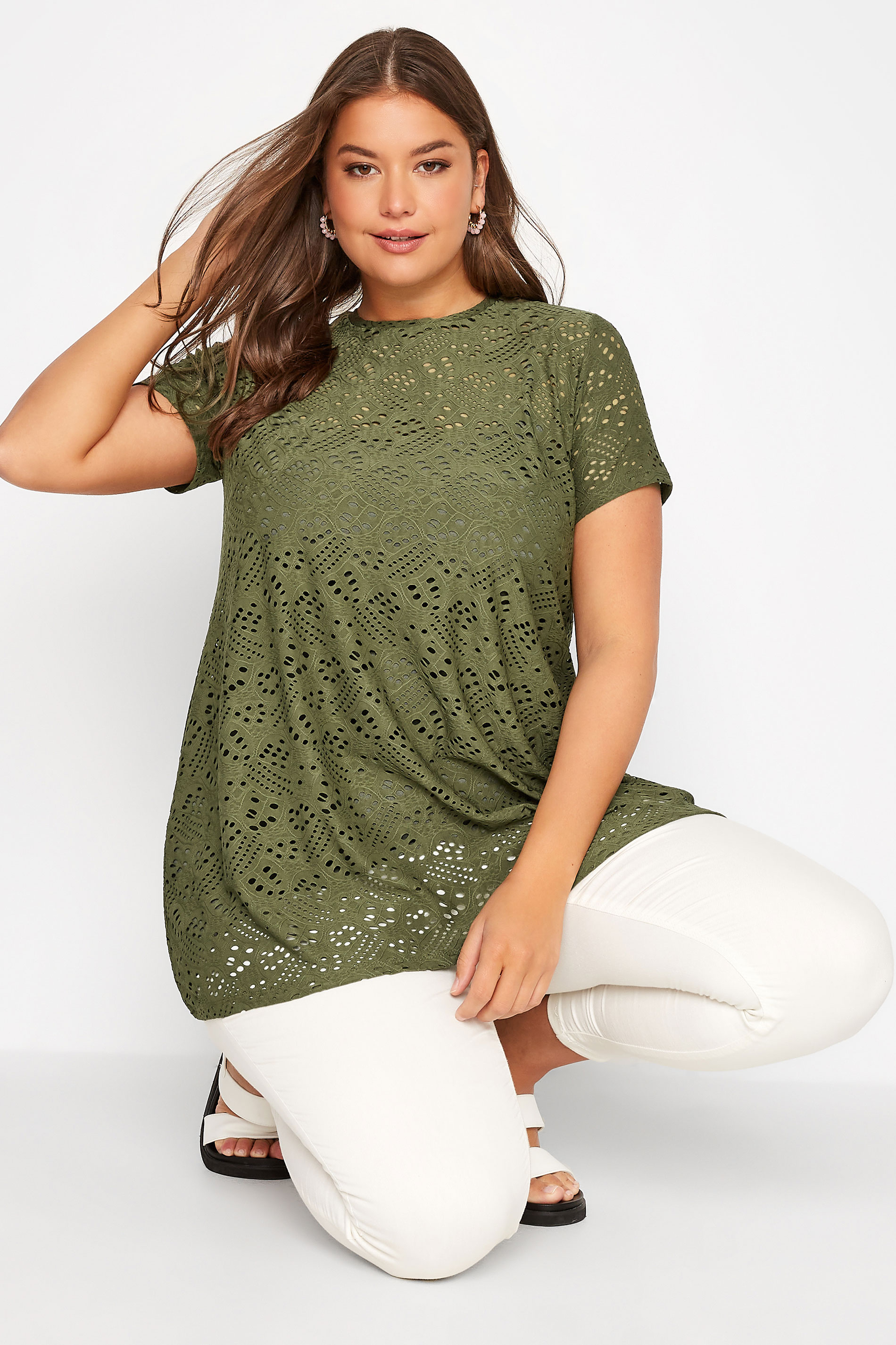 Plus Size Khaki Green Broderie Anglaise Swing T-Shirt | Yours Clothing 1