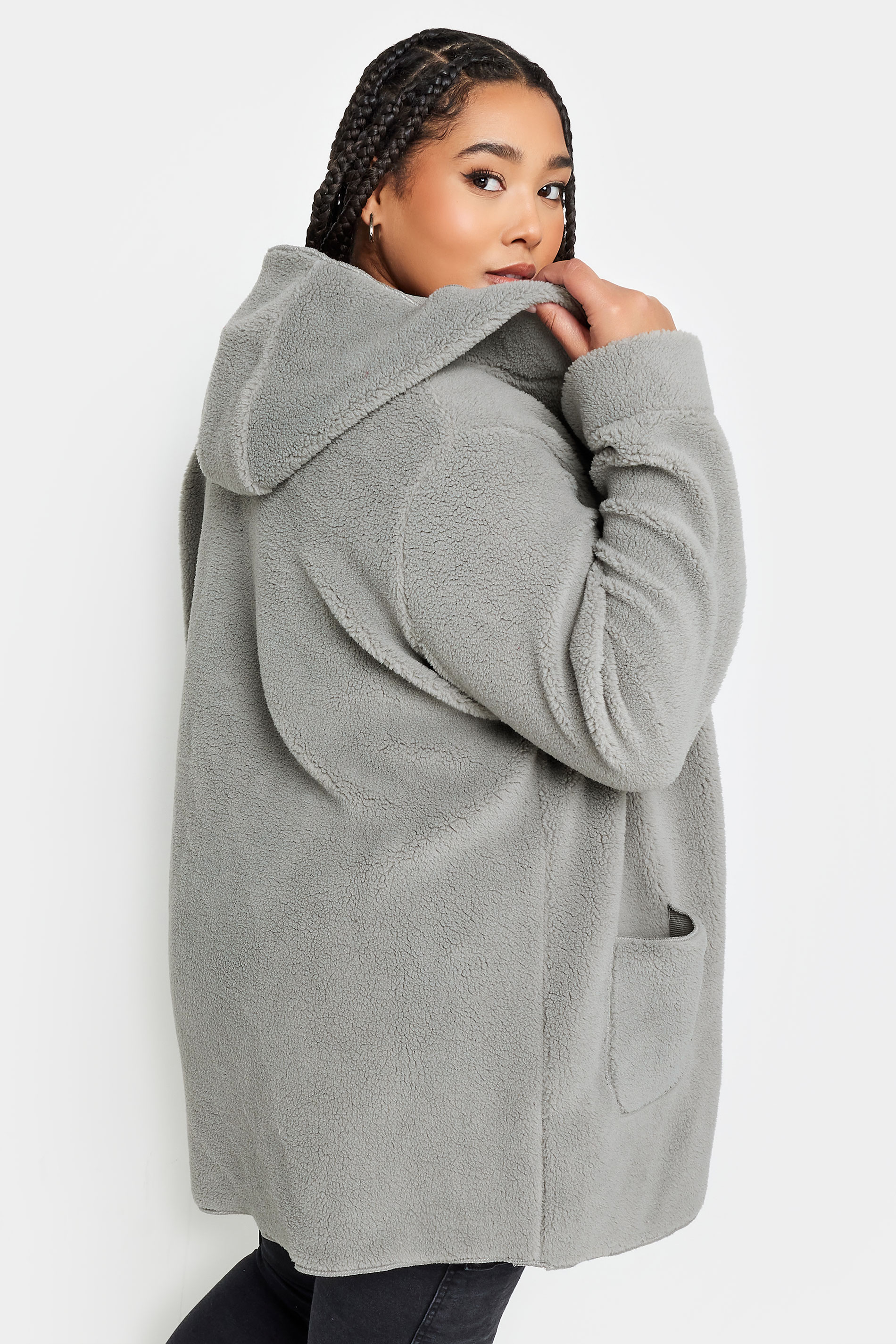 YOURS Plus Size Grey Teddy Hooded Jacket | Yours Clothing 3