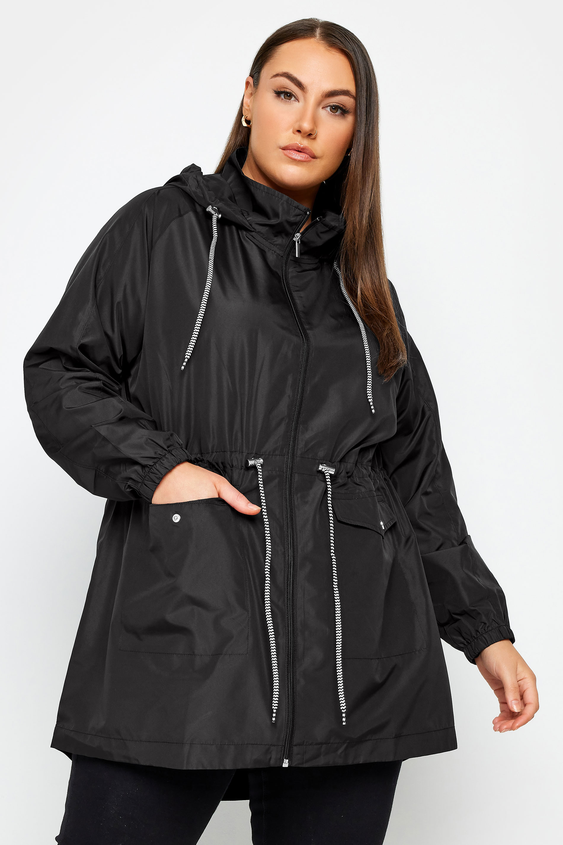 YOURS Plus Size Black Drawstring Lightweight Parka Jacket | Yours Clothing 1