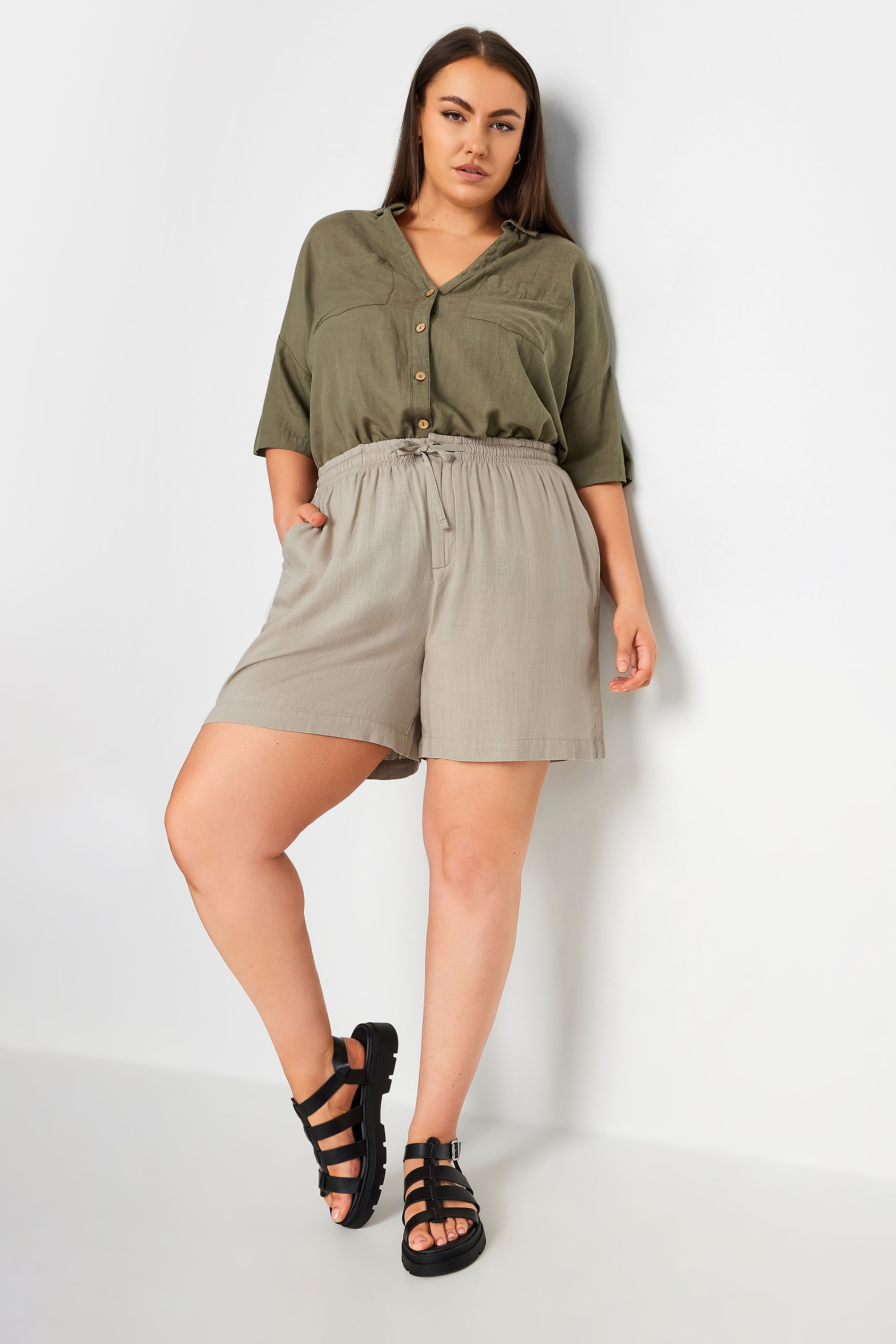 YOURS Plus Size Natural Brown Linen Shorts | Yours Clothing 2