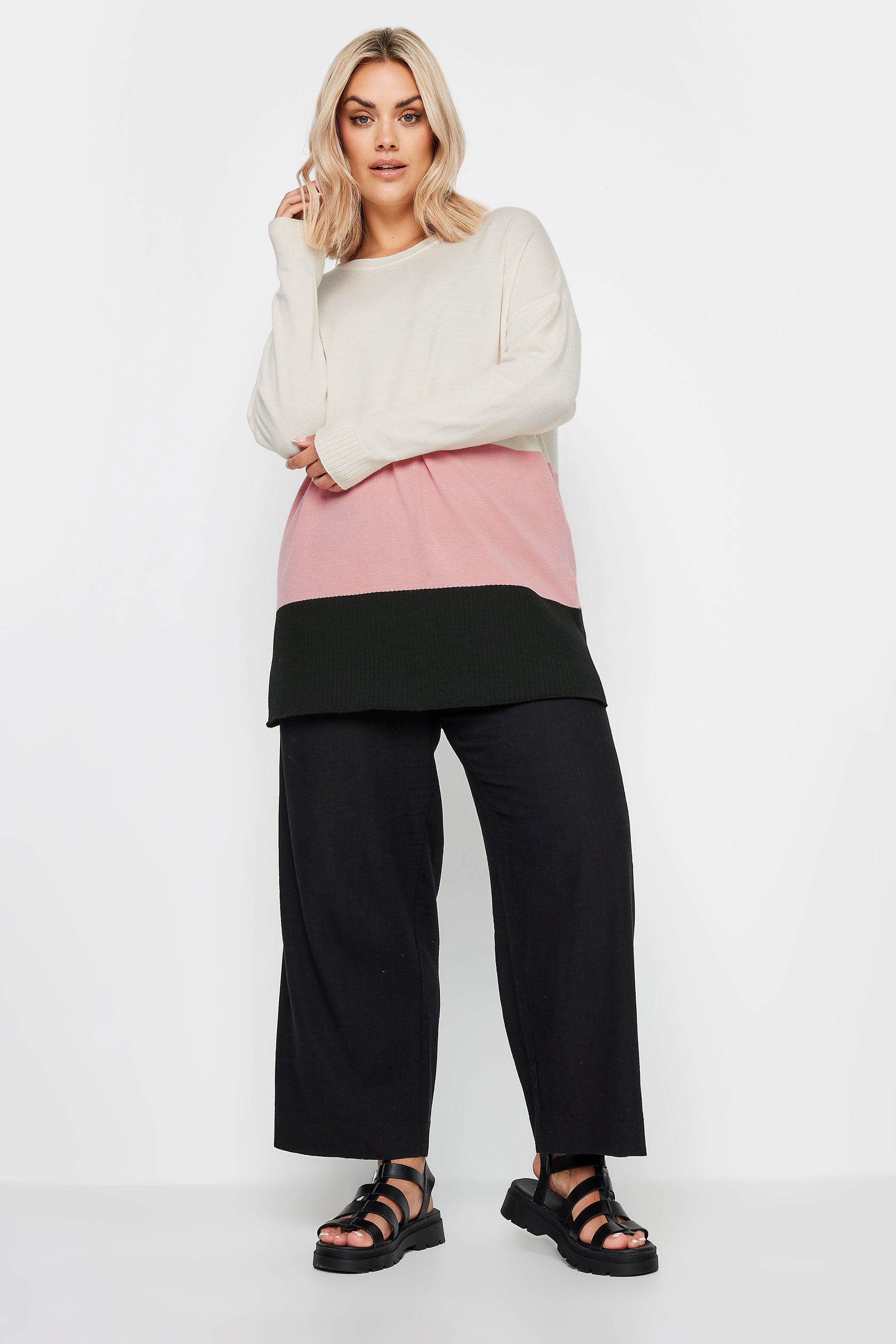 YOURS Plus Size White & Pink Colourblock Jumper | Yours Clothing 2