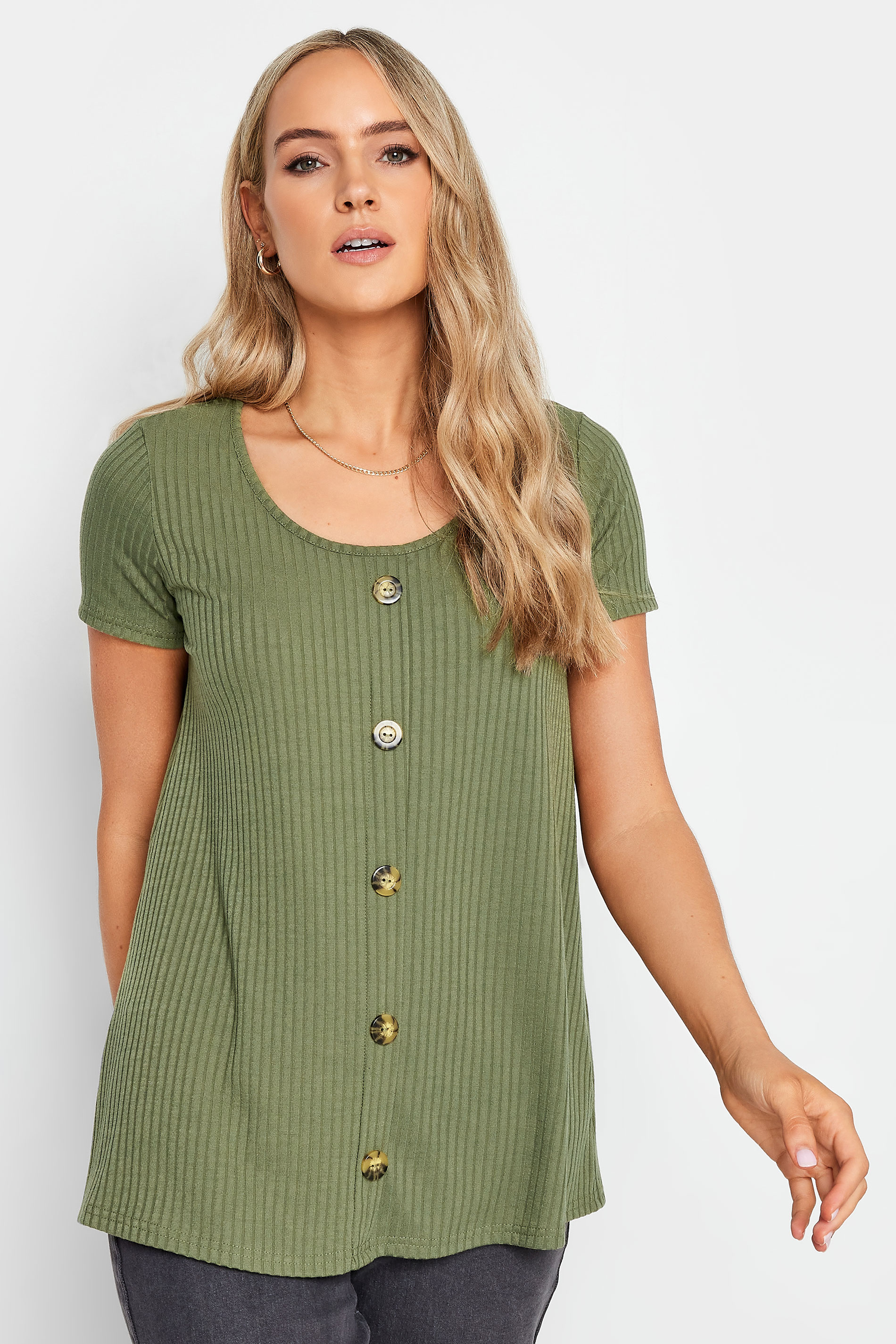 LTS Tall Khaki Green Ribbed Button Detail Swing T-Shirt | Long Tall Sally 1