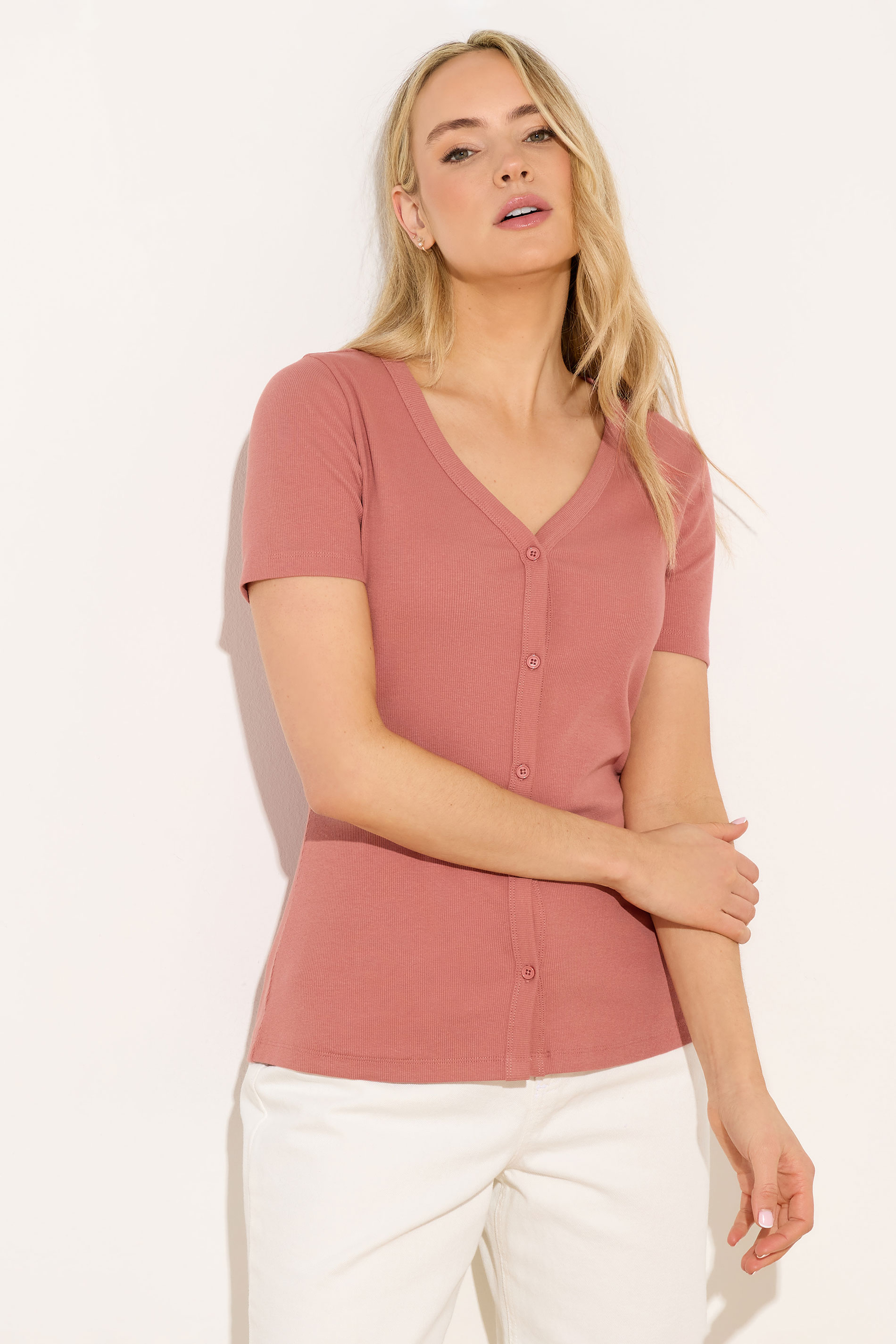 LTS Tall Women's Coral Pink Button Ribbed T-Shirt | Long Tall Sally 1