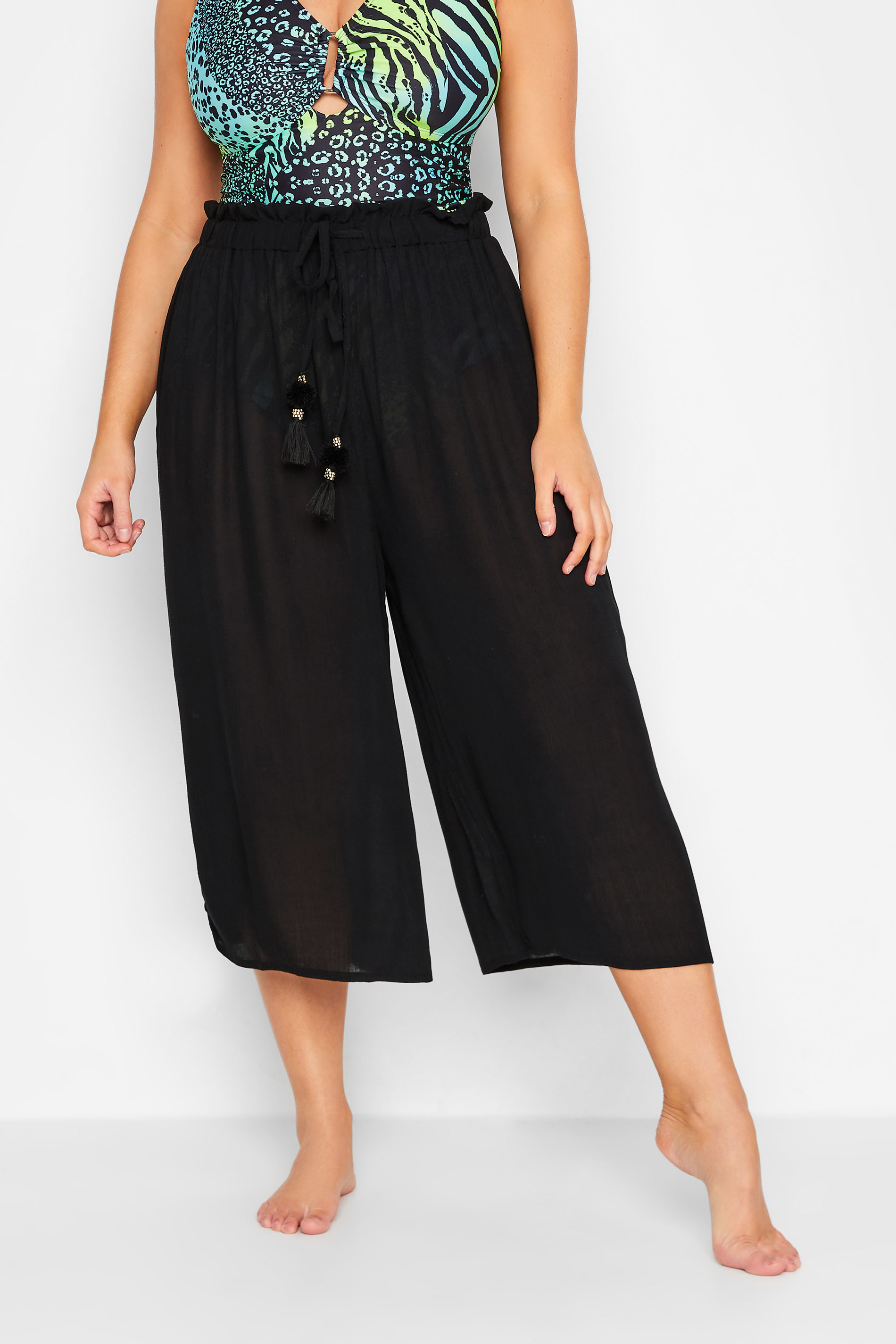 YOURS Plus Size Black Tassel Detail Wide Leg Beach Culottes | Yours Clothing 1
