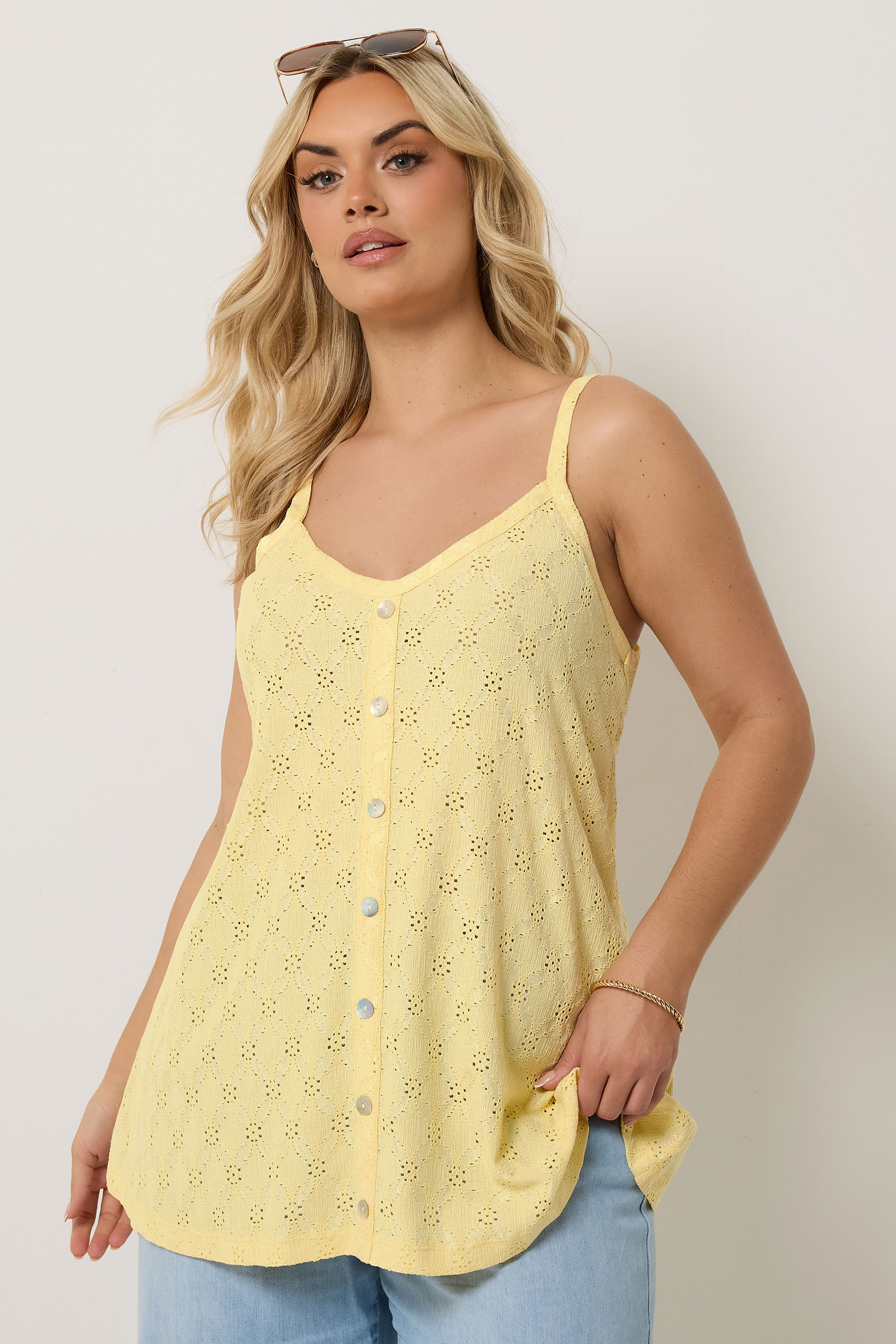 YOURS Plus Size Yellow Broderie Anglaise Peplum Top | Yours Clothing 3