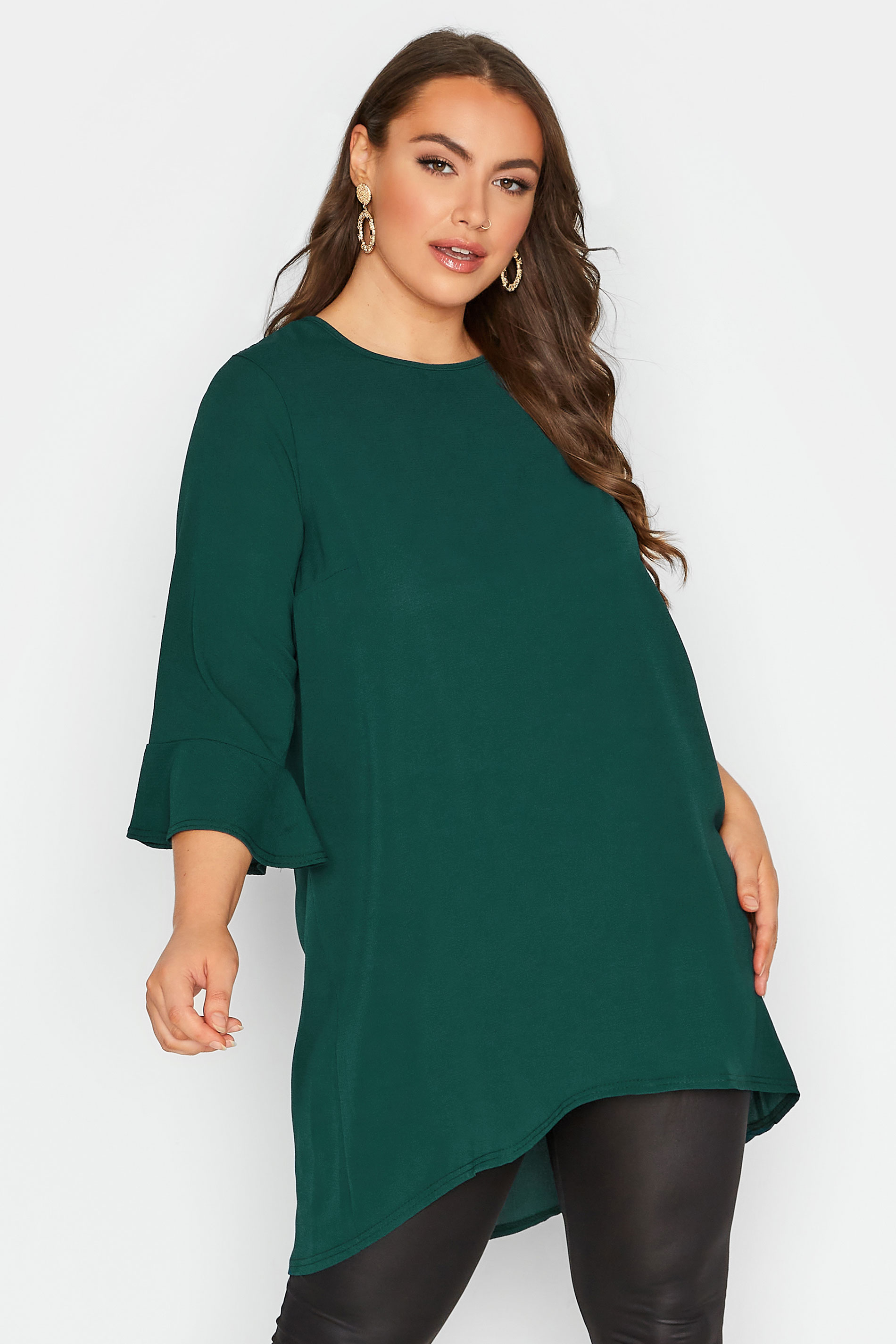 YOURS LONDON Plus Size Green Flute Sleeve Tunic Top | Yours Clothing 2