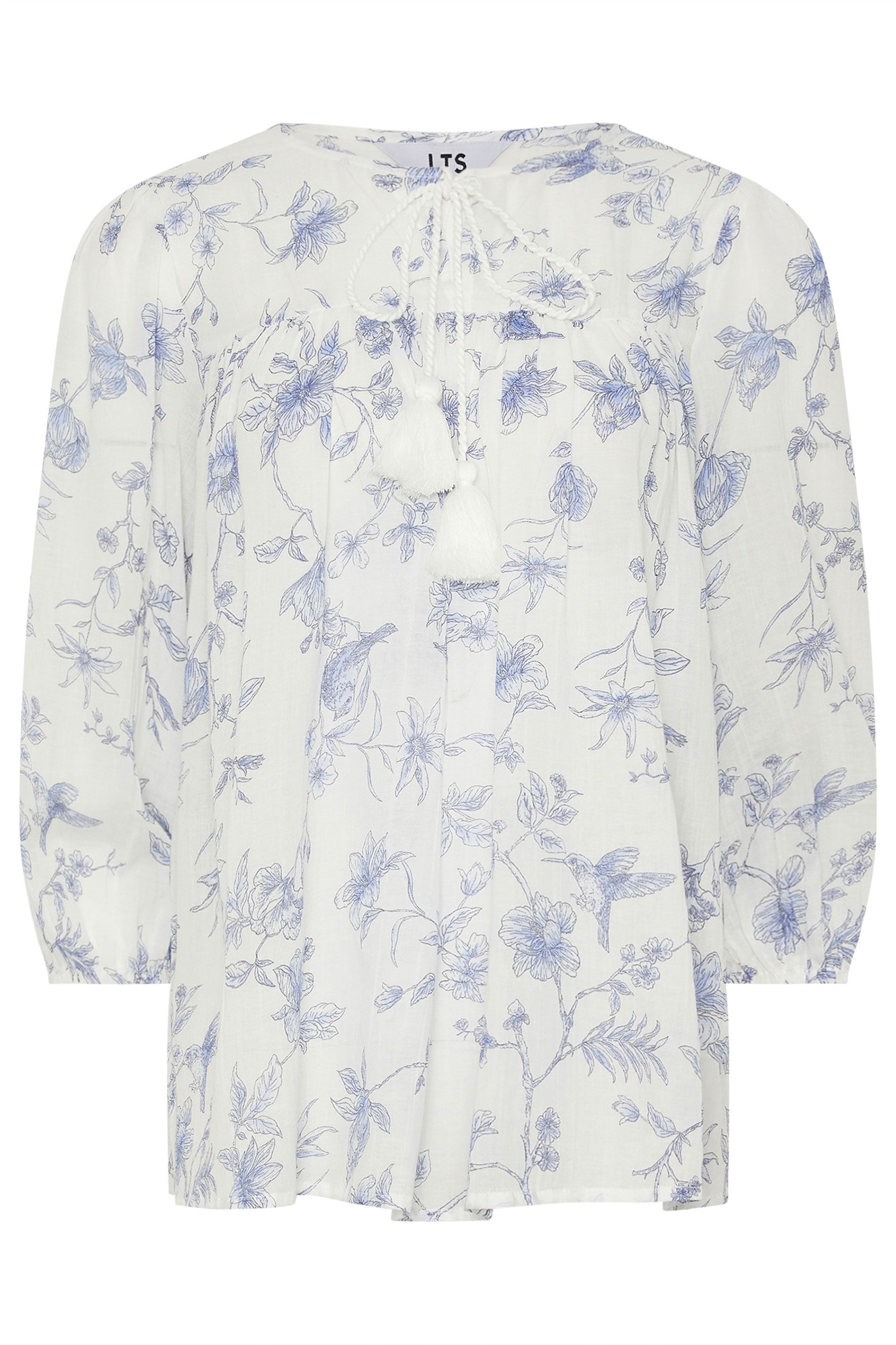 LTS Tall Women's Blue & White Floral Tassel Tie Cotton Blouse | Long Tall Sally 5