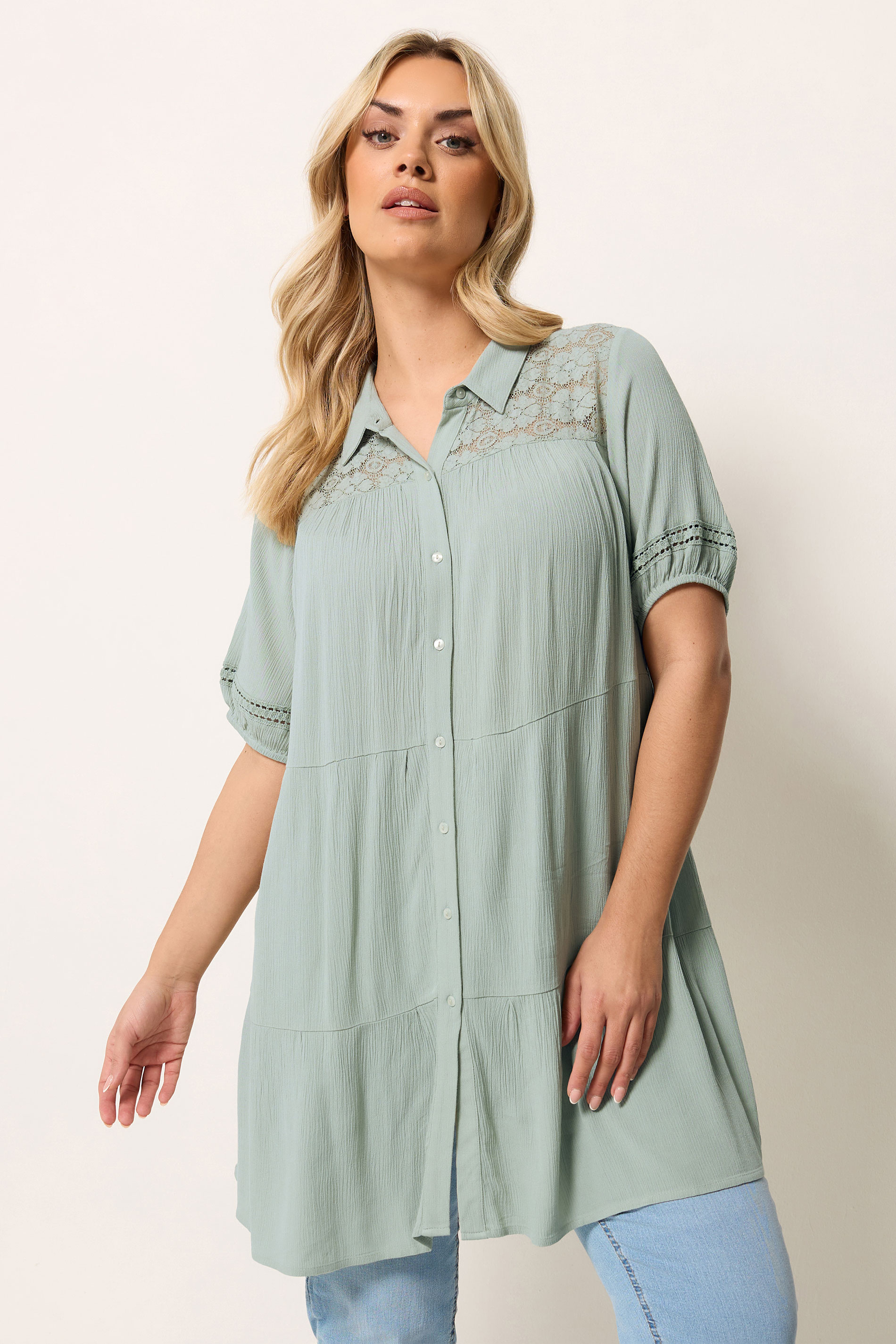 YOURS Plus Size Sage Green Tiered Shirt | Yours Clothing 3