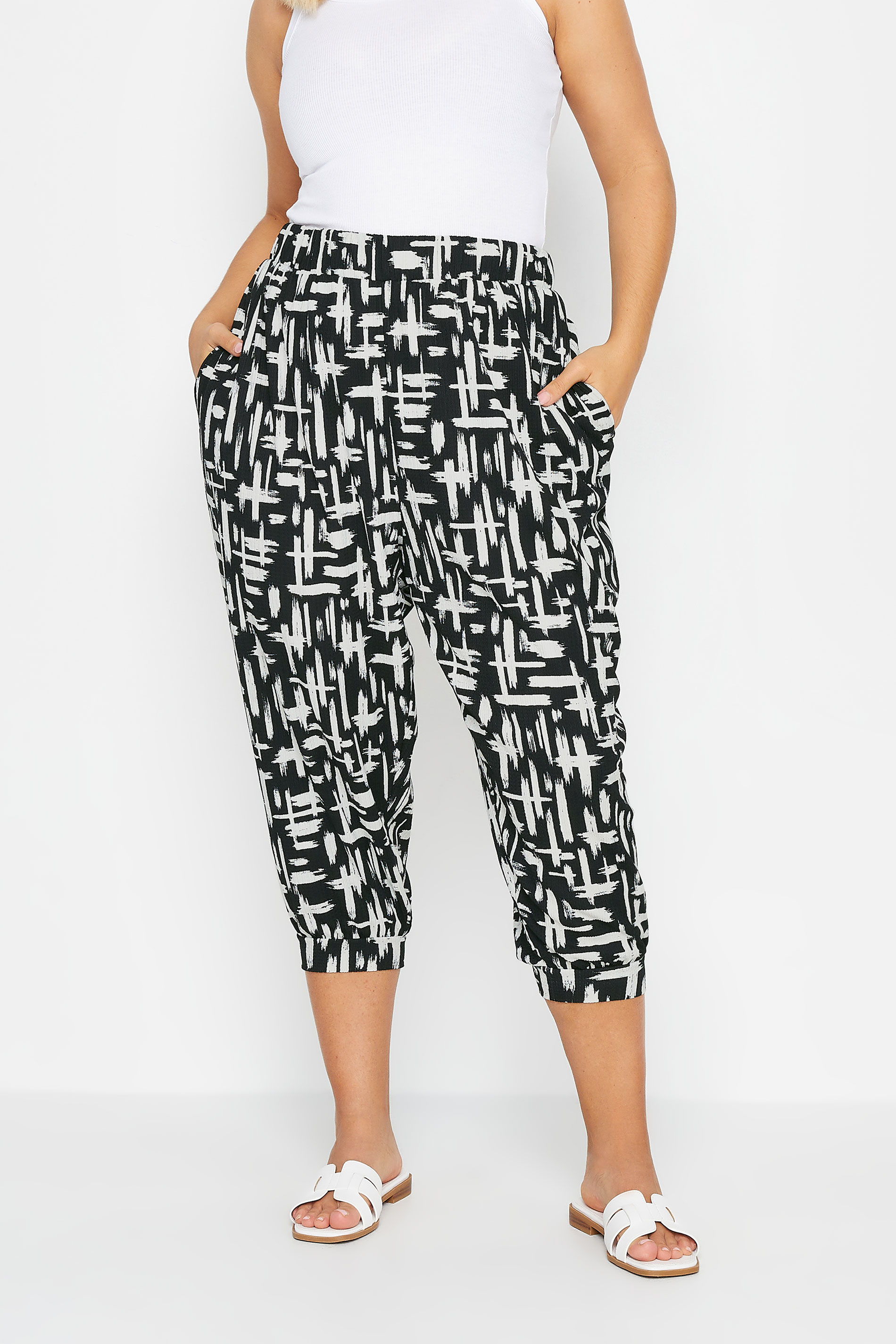 YOURS Plus Size Black Stripe Cropped Harem Joggers | Yours Clothing 2