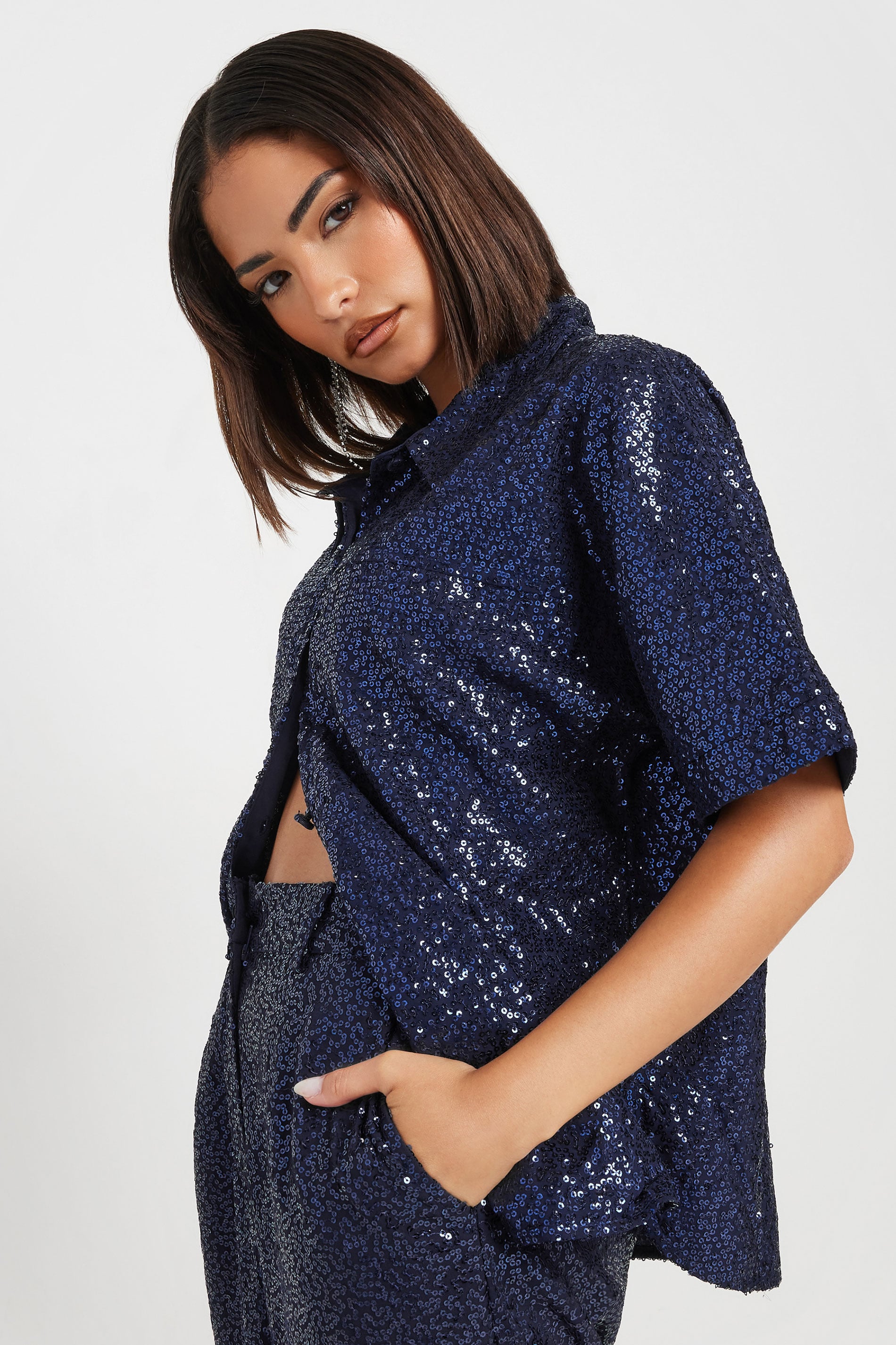 PixieGirl Petite Women's Navy Blue Sequin Embellished Short Sleeve Shirt | PixieGirl 7