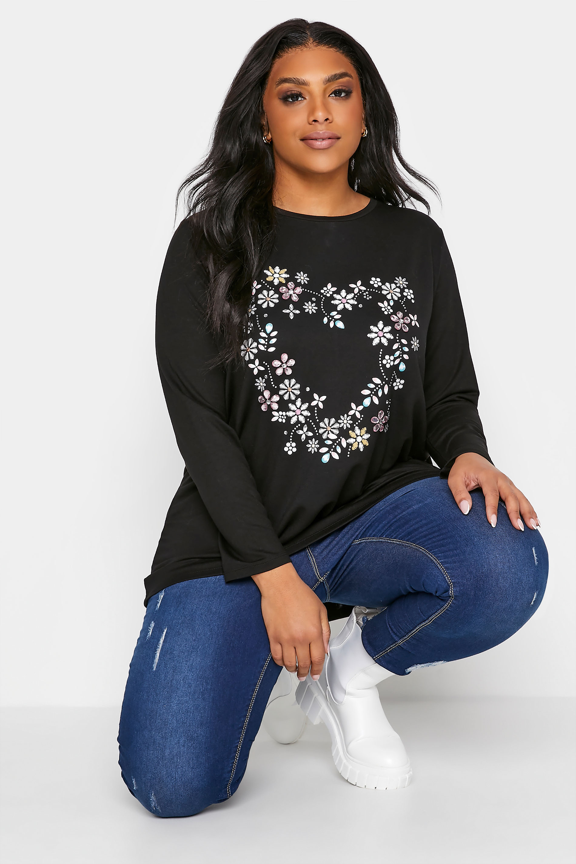 Plus Size Black Floral Heart T-Shirt | Yours Clothing 1