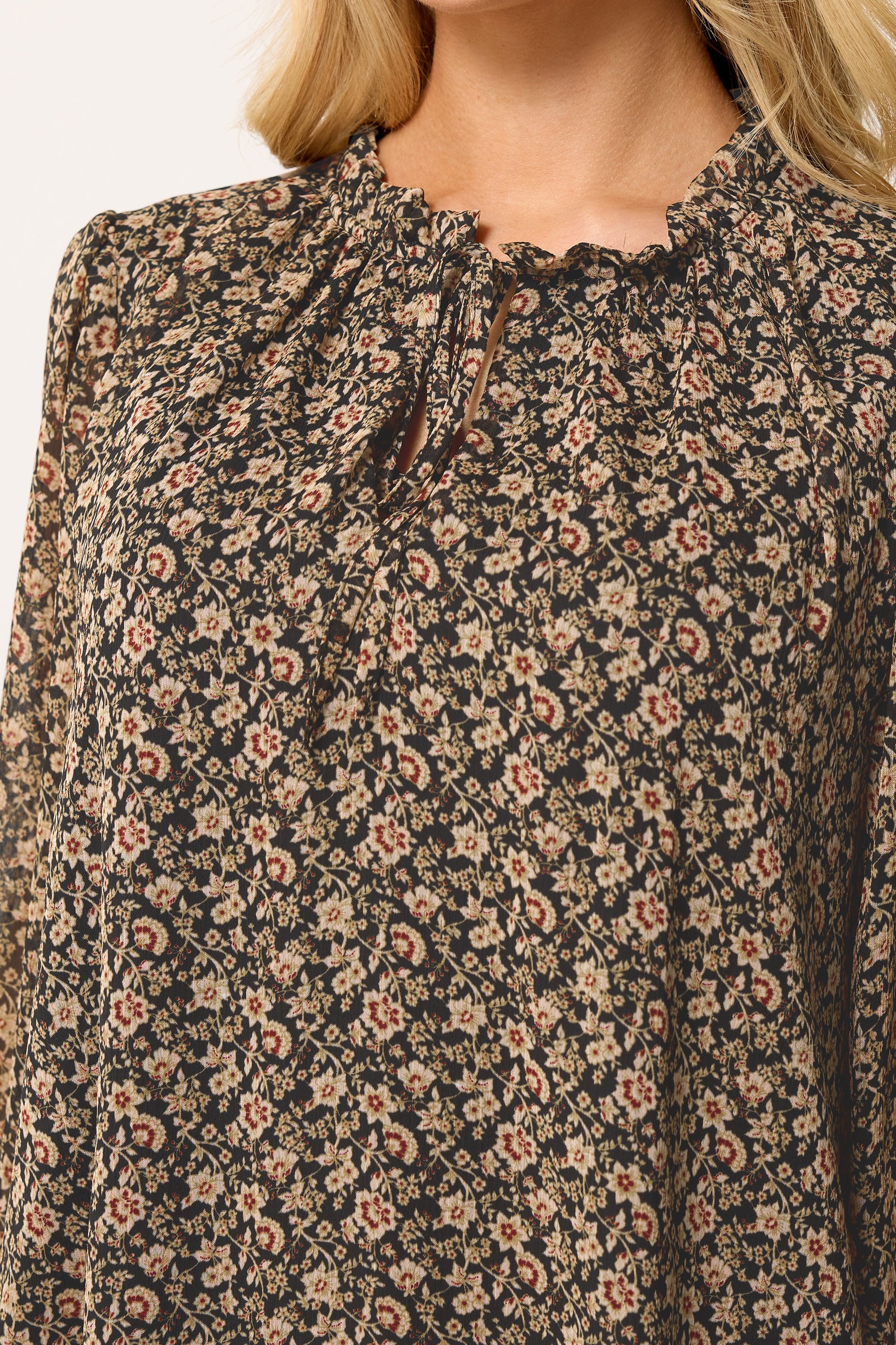 M&Co Brown Floral Tie Neck Blouse | M&Co 4