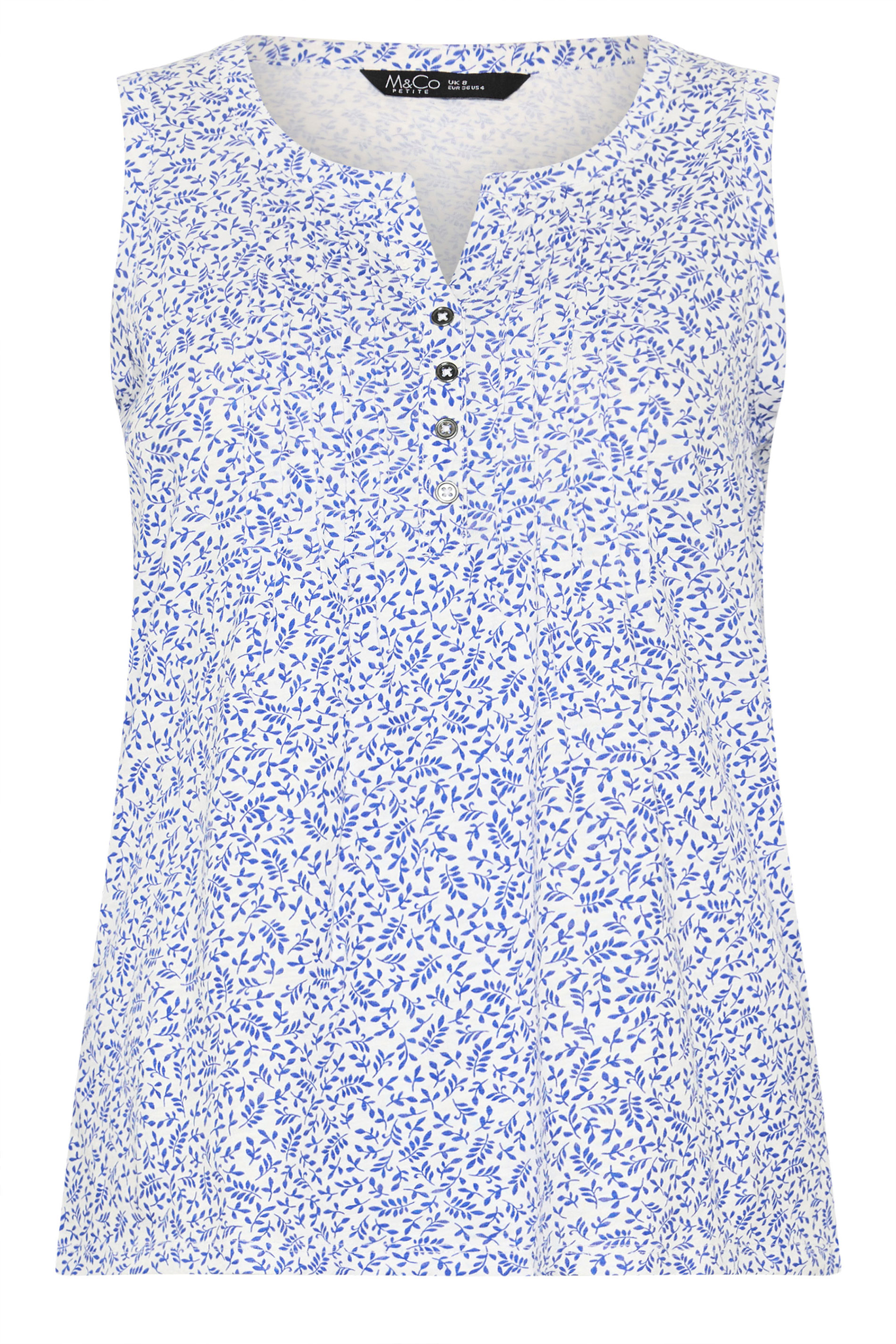 M&Co Petite Blue Leaf Print Cotton Sleeveless Henley Top | M&Co 5