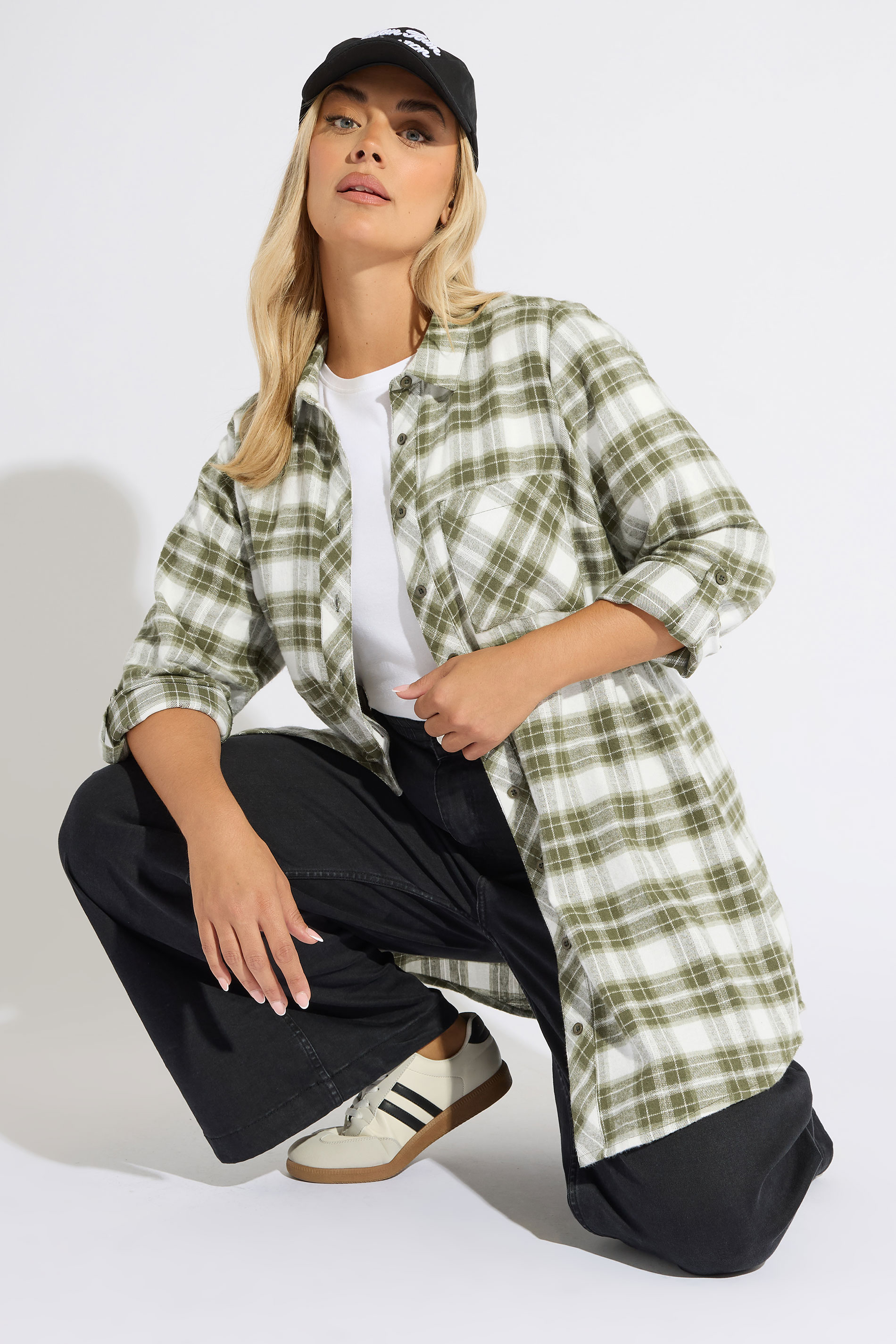 Green Yours Curve Khaki Check Boyfriend Shirt, Women's Curve & Plus Size, Yours