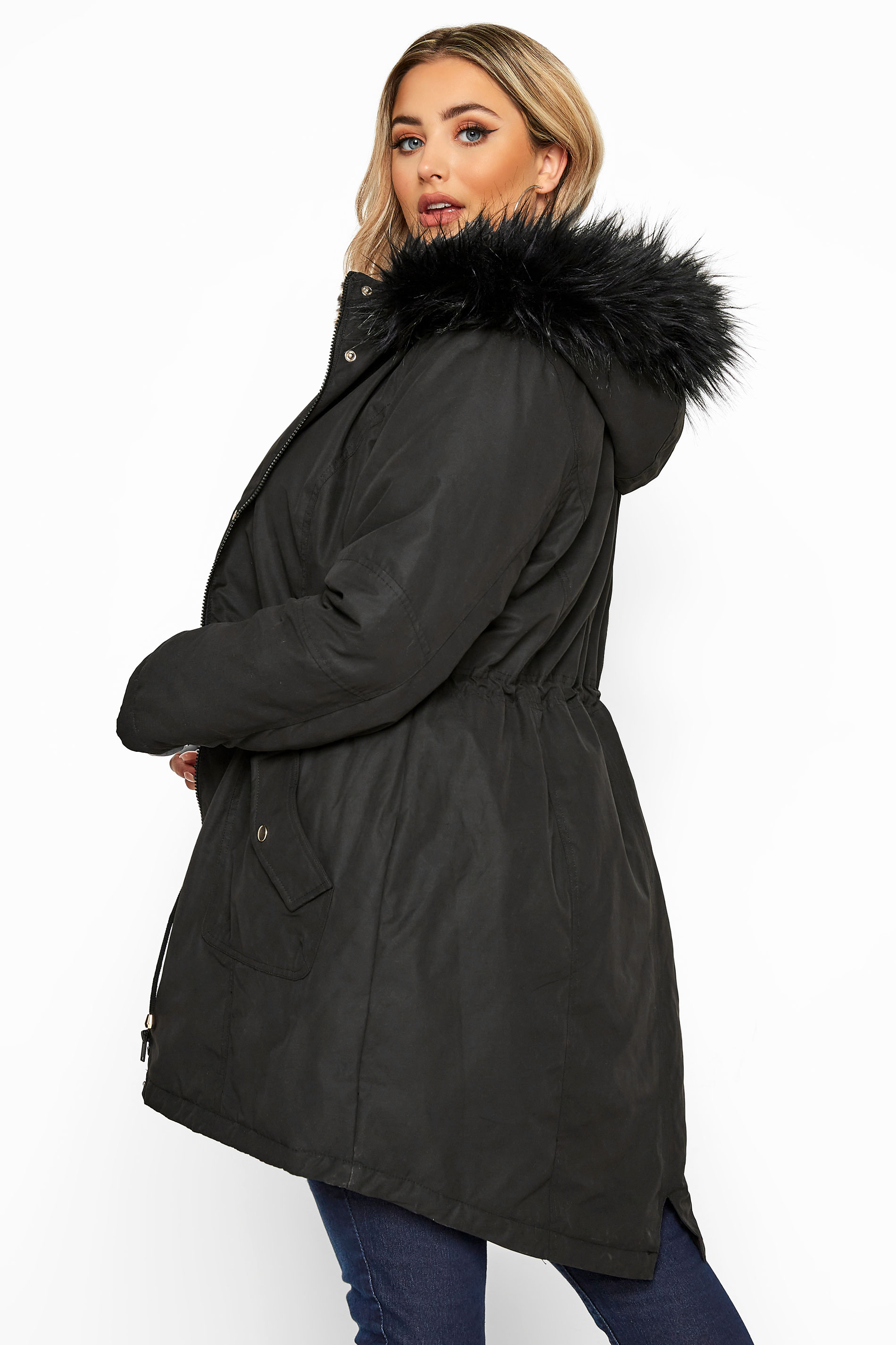 Black Animal Print Faux Fur Parka Coat | Yours Clothing