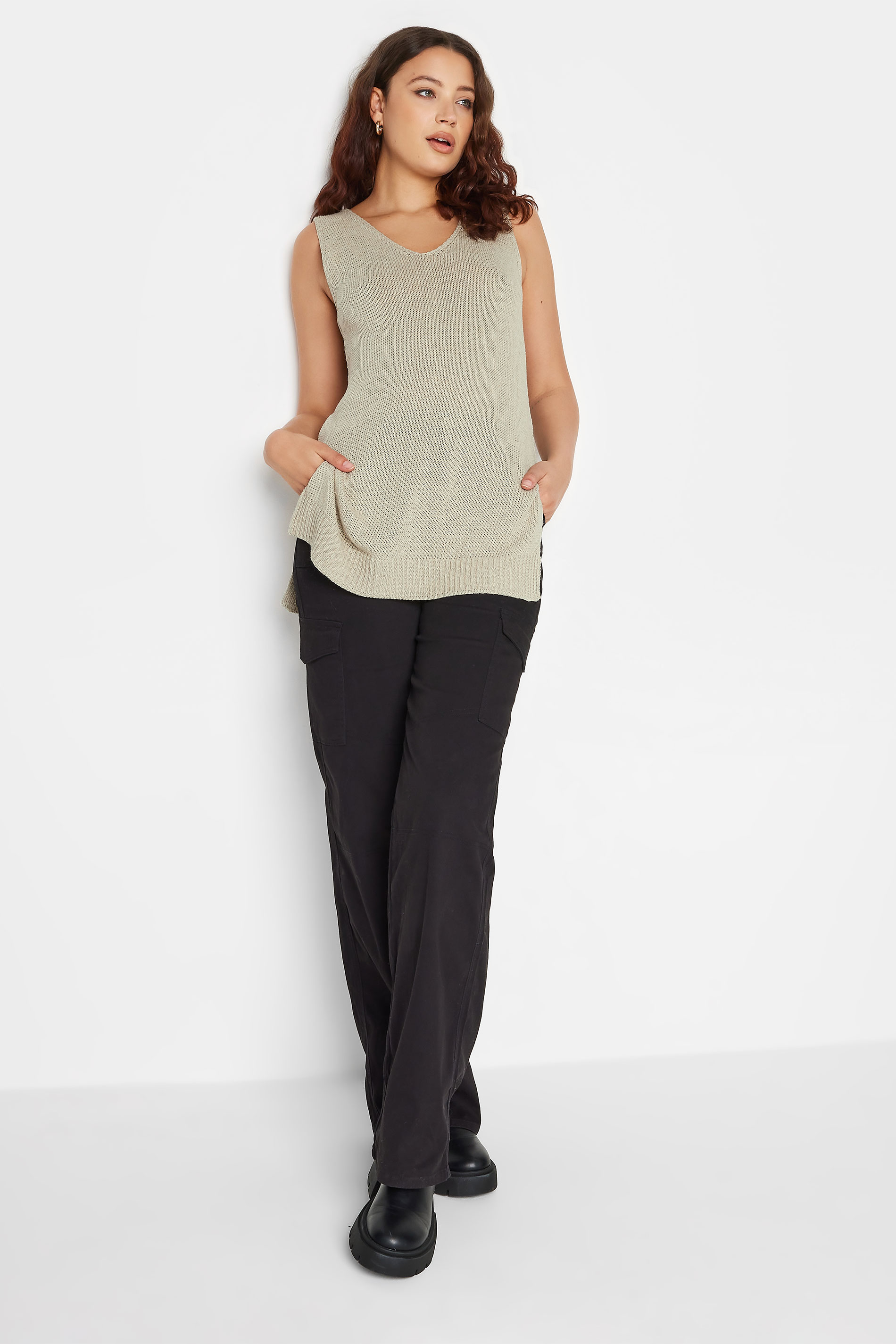 LTS Tall Stone Brown Knitted V-Neck Vest Top | Long Tall Sally  2