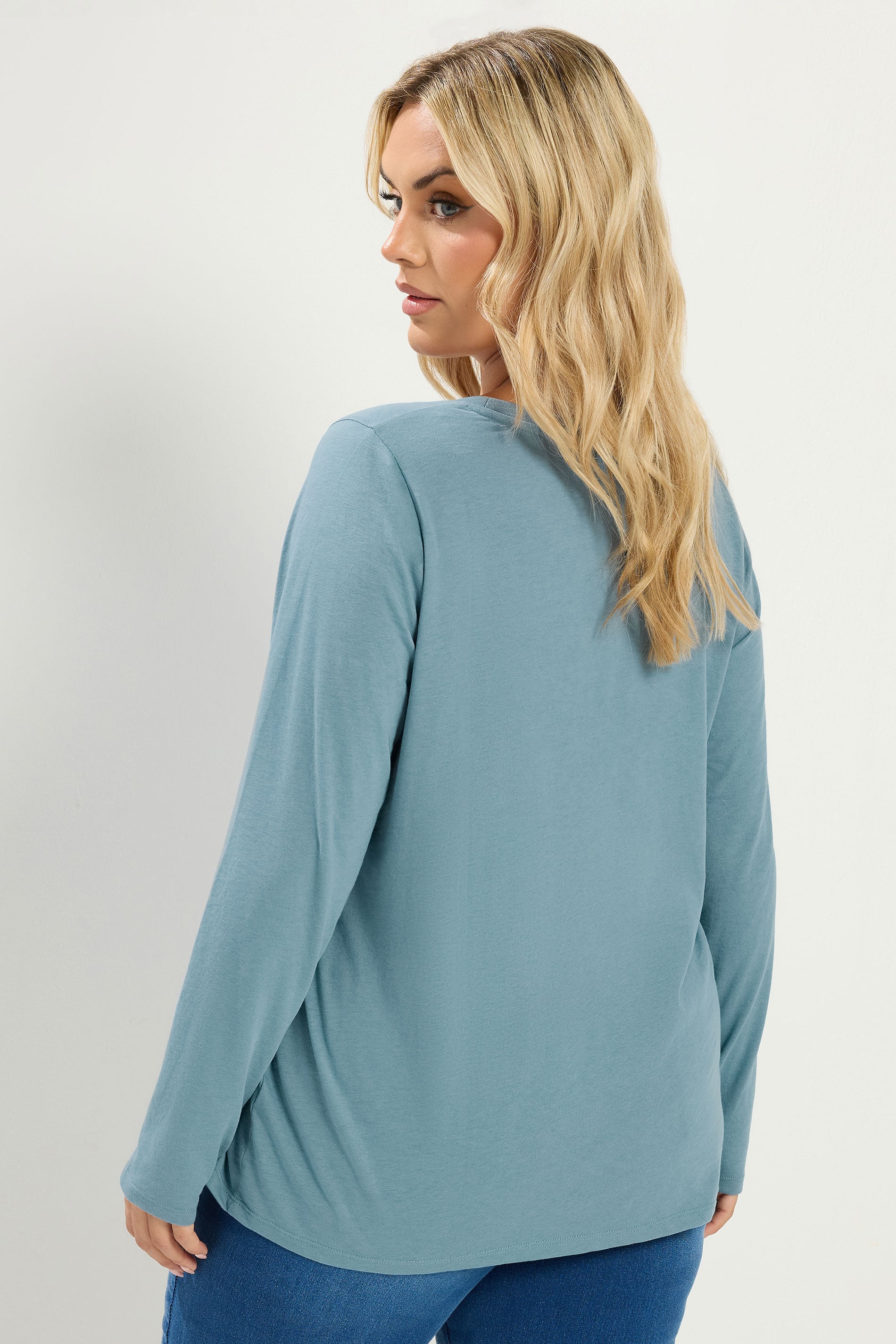 YOURS Plus Size Light Blue Long Sleeve Core T-Shirt | Yours Clothing 2