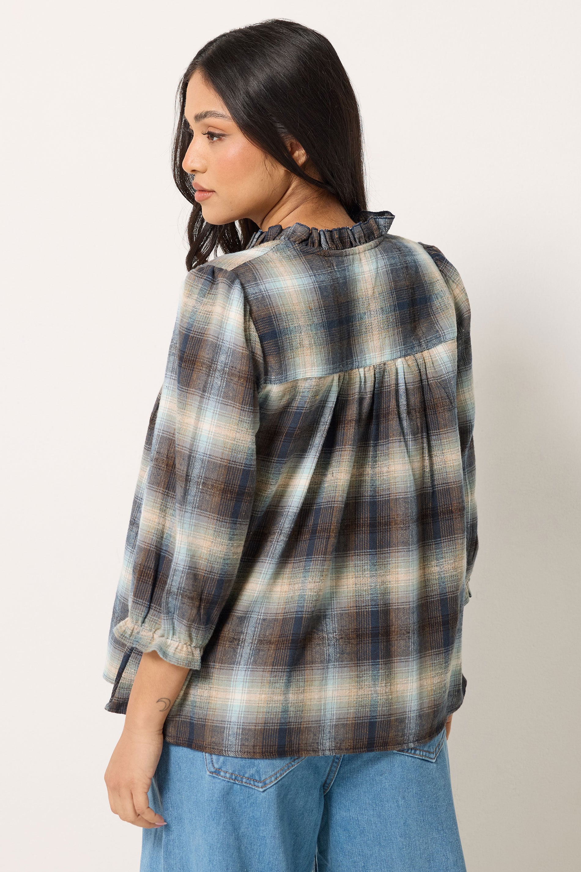 PixieGirl Petite Women's Blue Brushed Check Tie Front Smock Top | PixieGirl 4