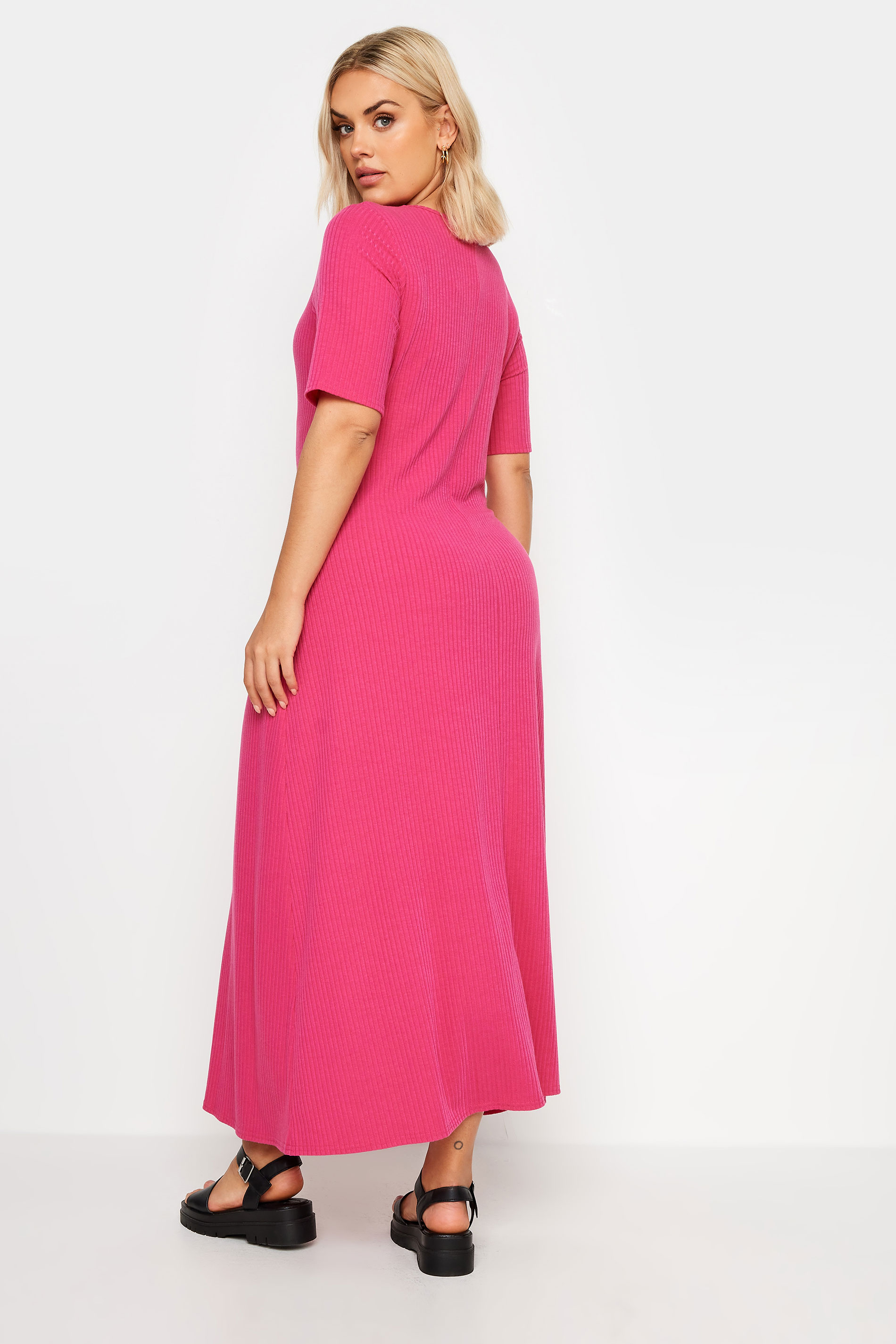 YOURS Plus Size Pink Ribbed Swing Maxi Dress | Yours Clothing 3