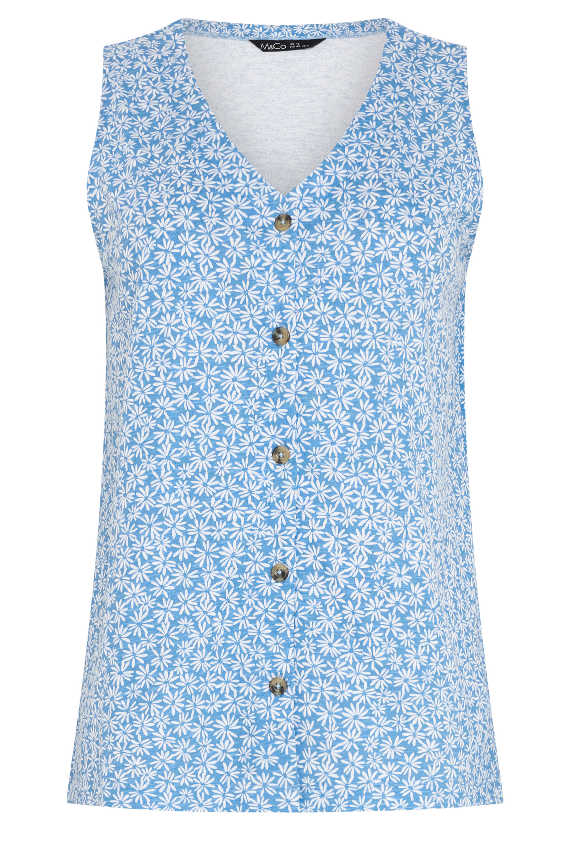 M&Co Blue Floral Print Button Detail Cotton Vest Top | M&Co 5