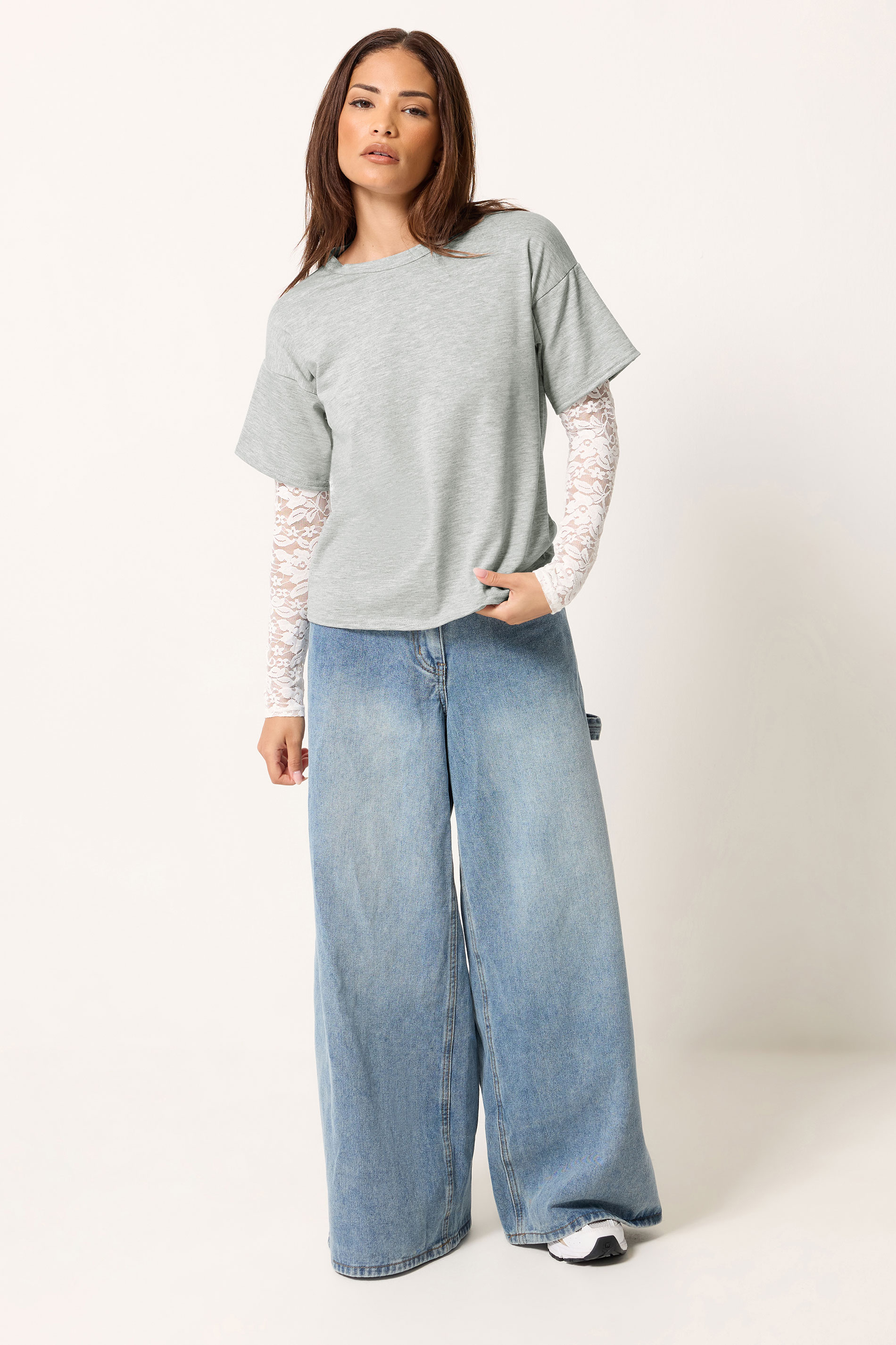 PixieGirl Petite Women's Grey & White Long Sleeve Lace T-Shirt | PixieGirl 1
