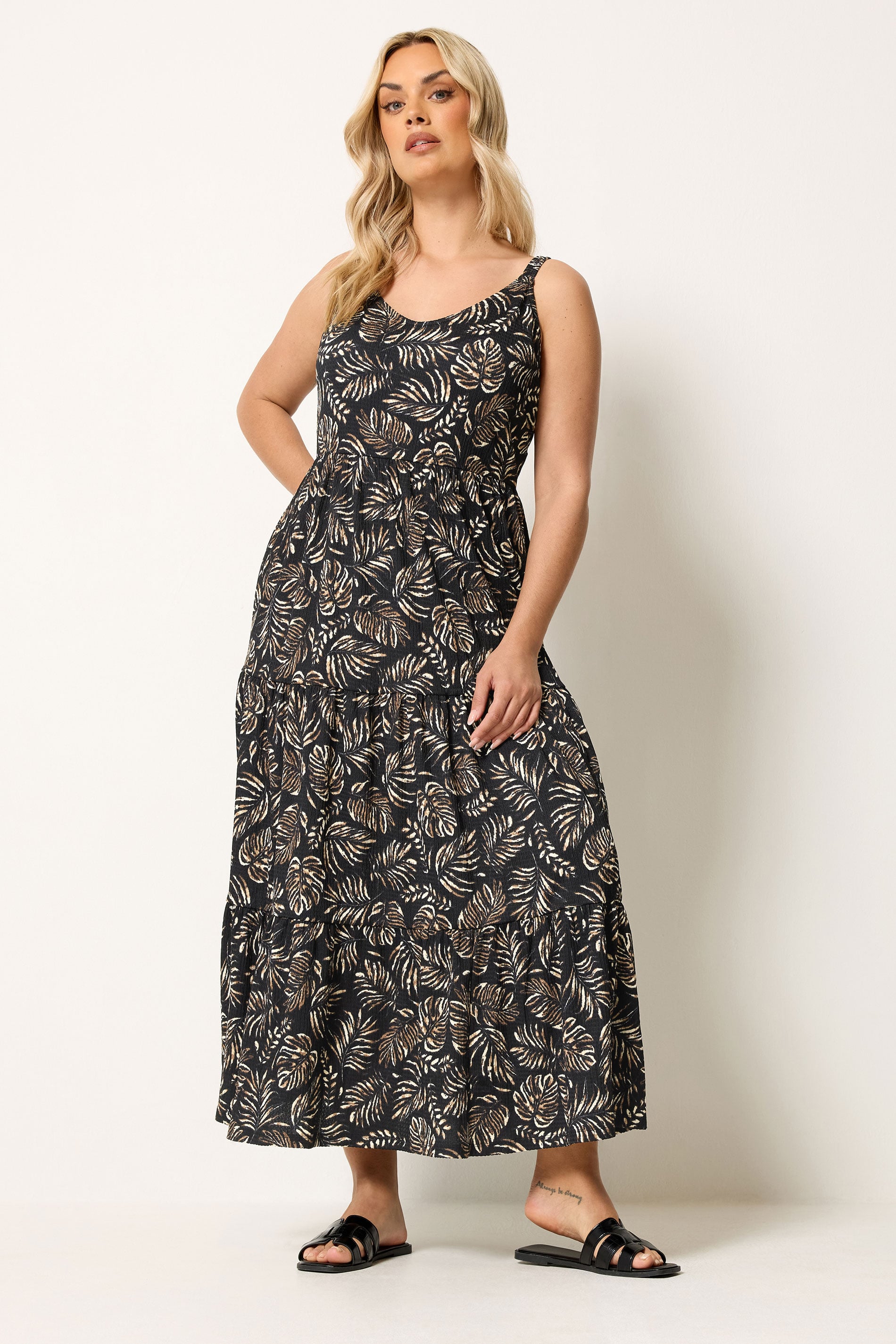YOURS Plus Size Black Leaf Print Tiered Maxi Dress | Yours Clothing 1
