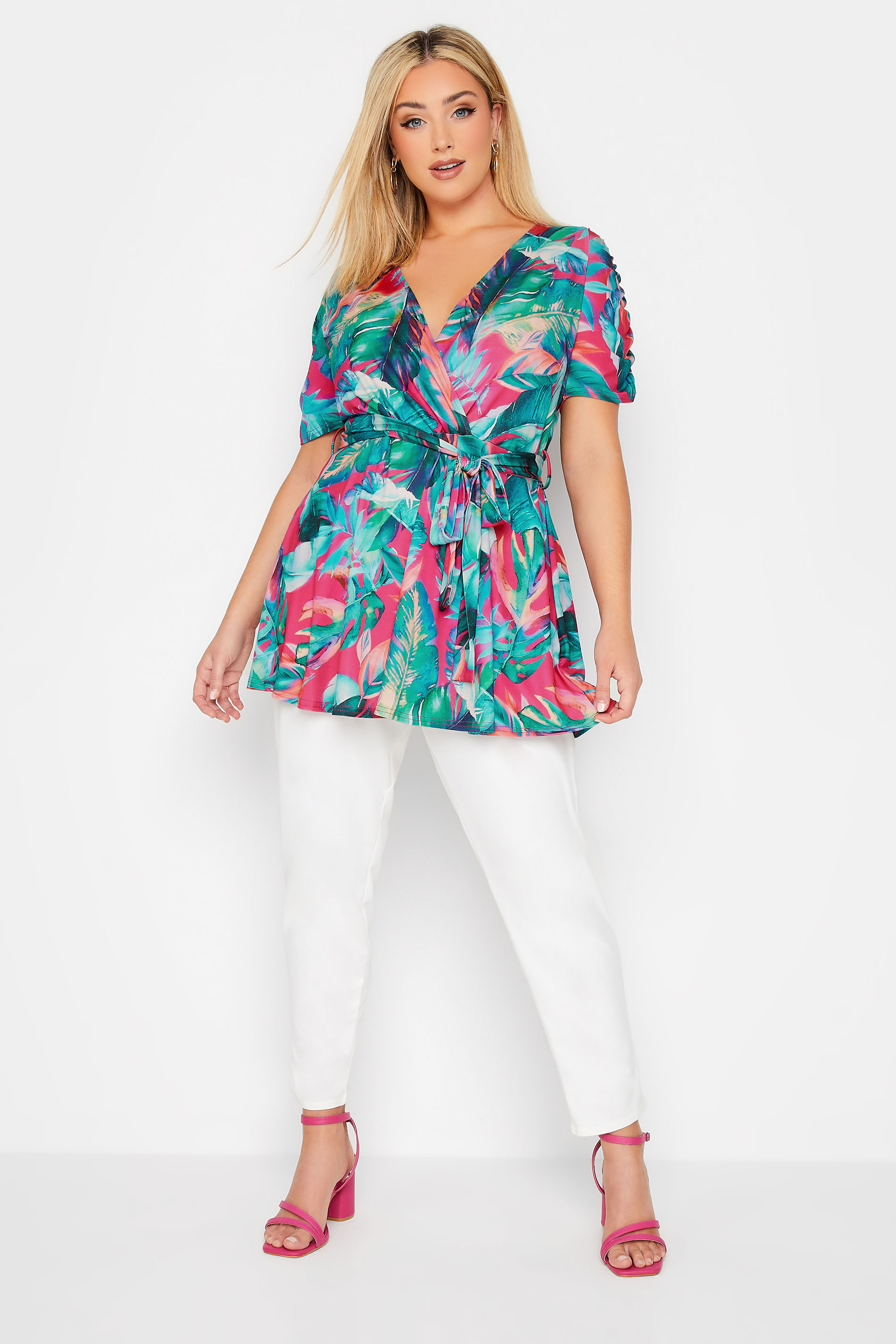 YOURS LONDON Plus Size Curve Blue Tropical Print Wrap Top | Yours Clothing  2