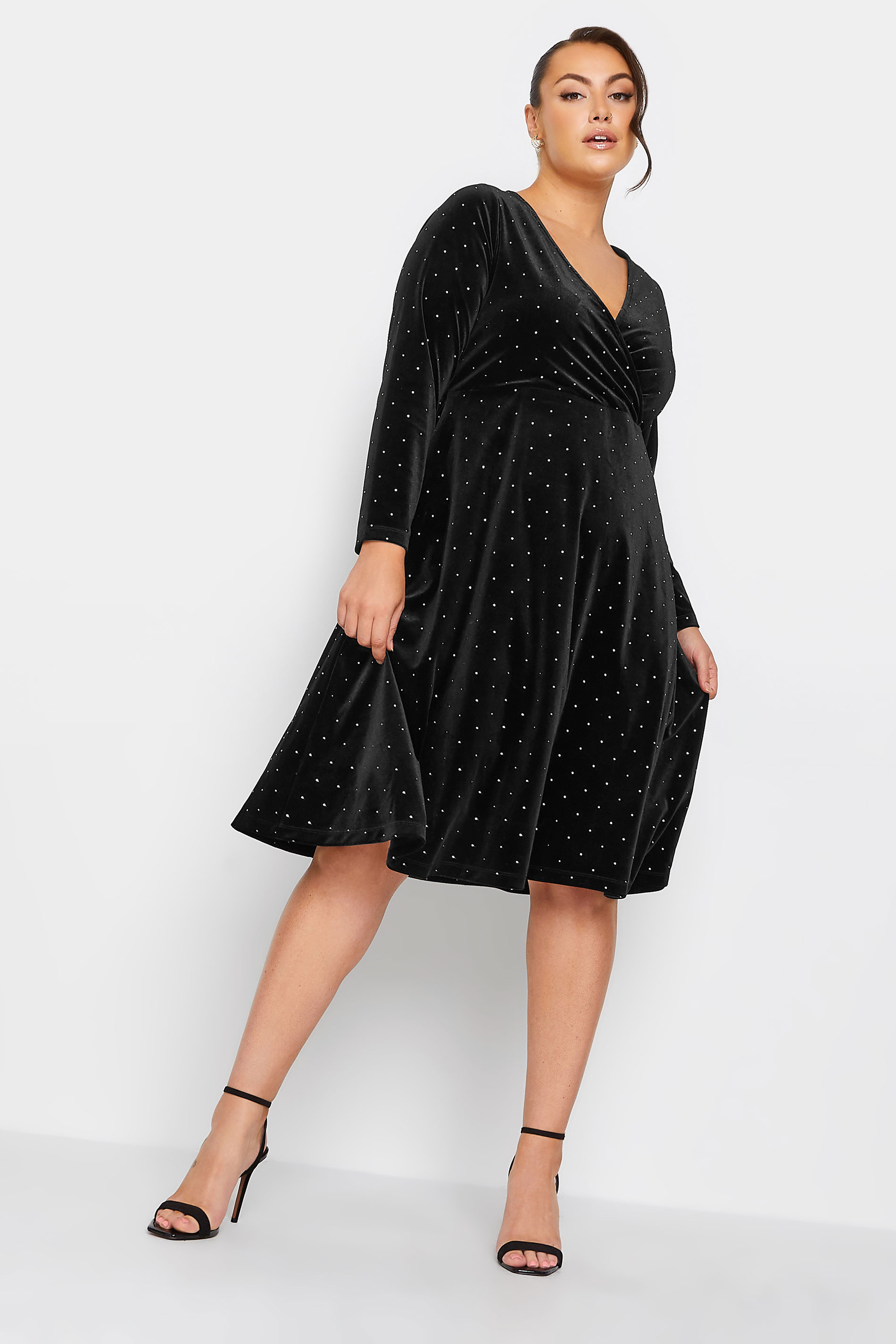 YOURS LONDON Plus Size Black Stud Velvet Wrap Dress | Yours Clothing 1