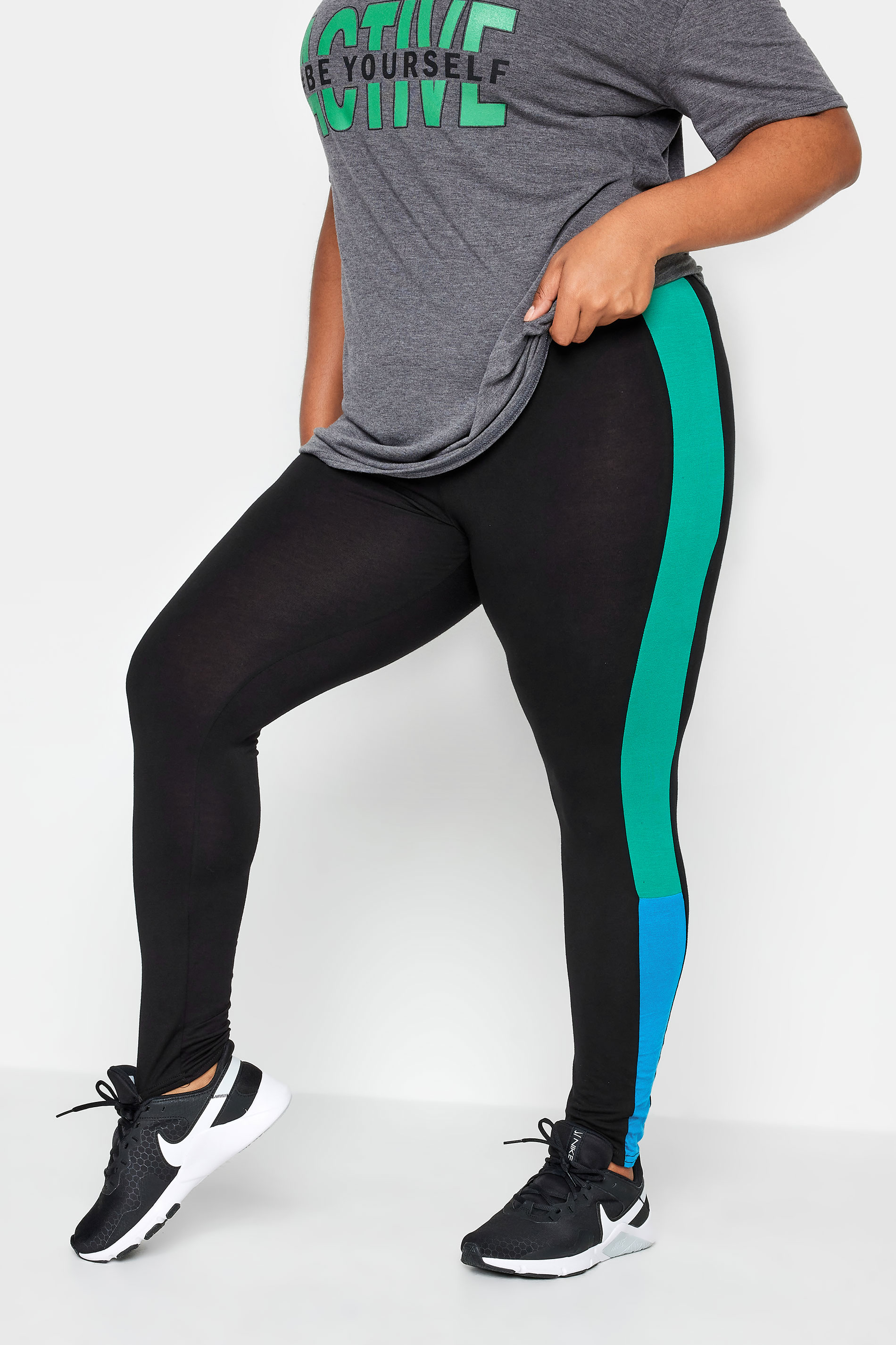 YOURS ACTIVE Plus Size Black Side Stripe Leggings | Yours Clothing 1