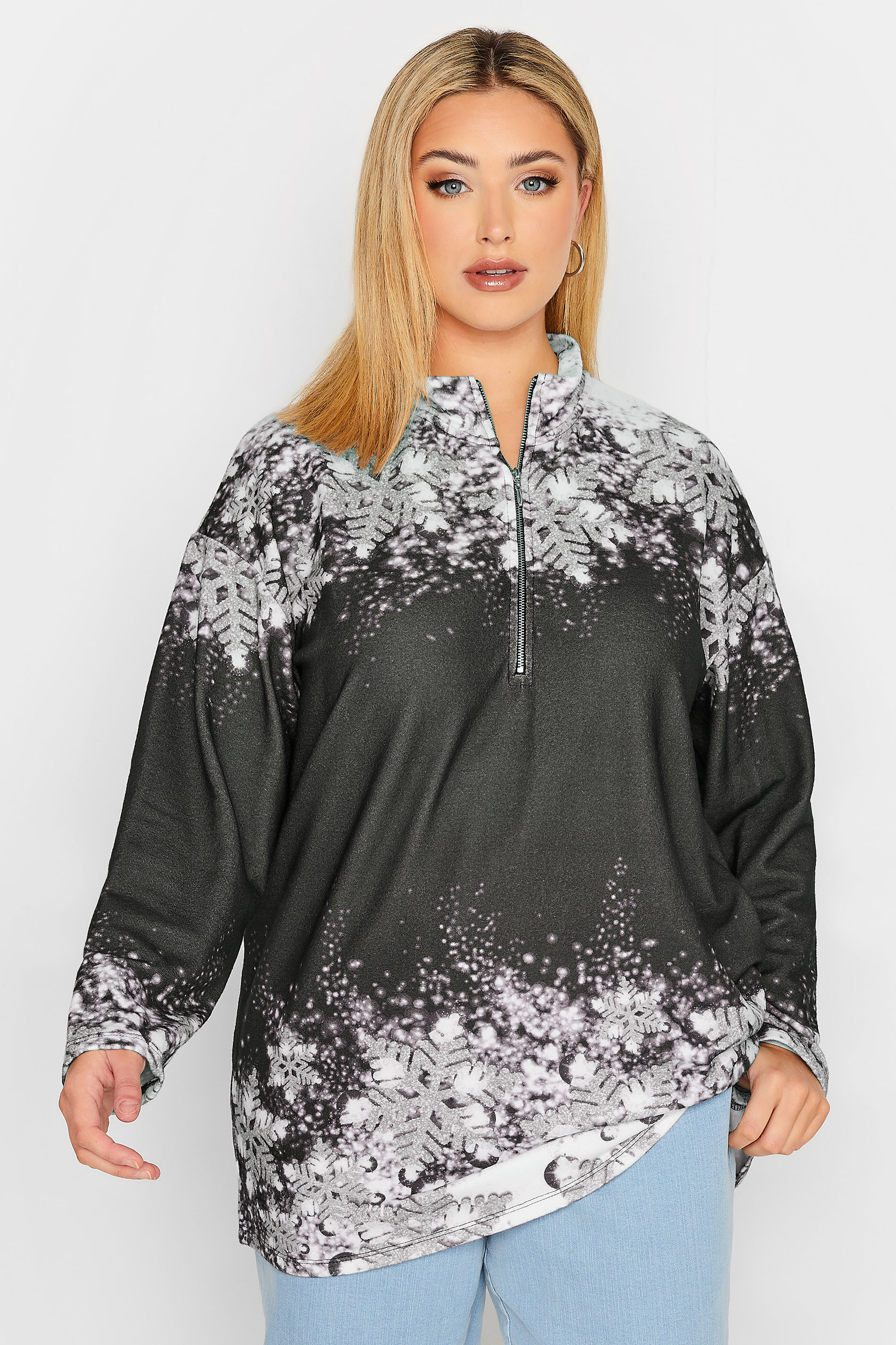 Plus Size Black Snowflake Soft Touch Zip Front Top | Yours Clothing 1
