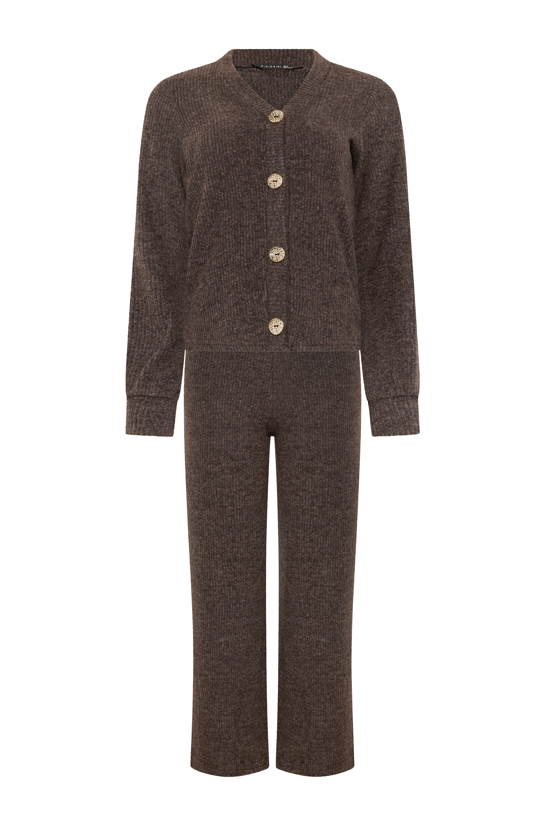 PixieGirl Petite Women's Set Chocolate Brown Ribbed Cardigan & Wide Leg Trousers | PixieGirl 9