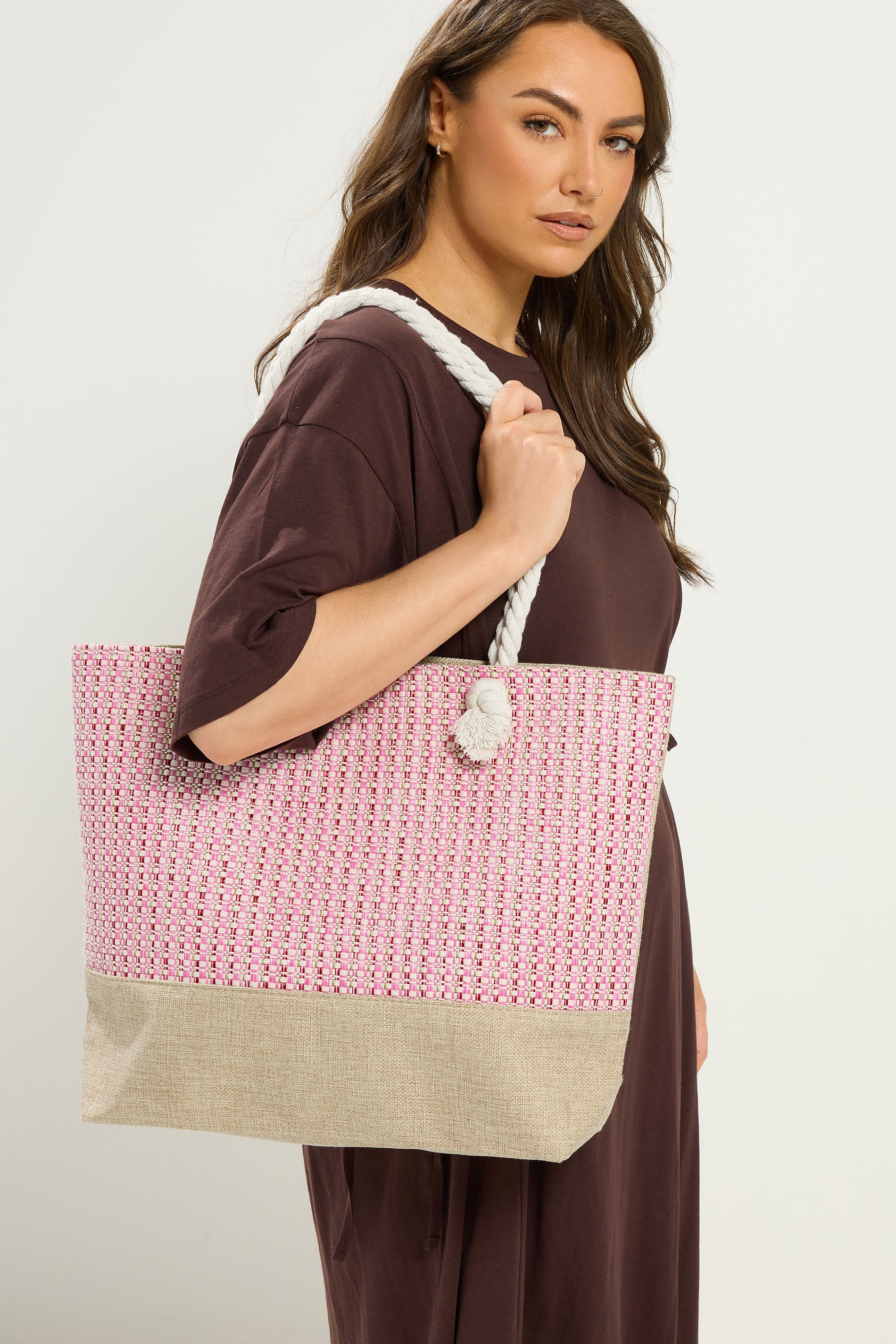 Pink Tweed Look Tote Bag | Yours Clothing 1