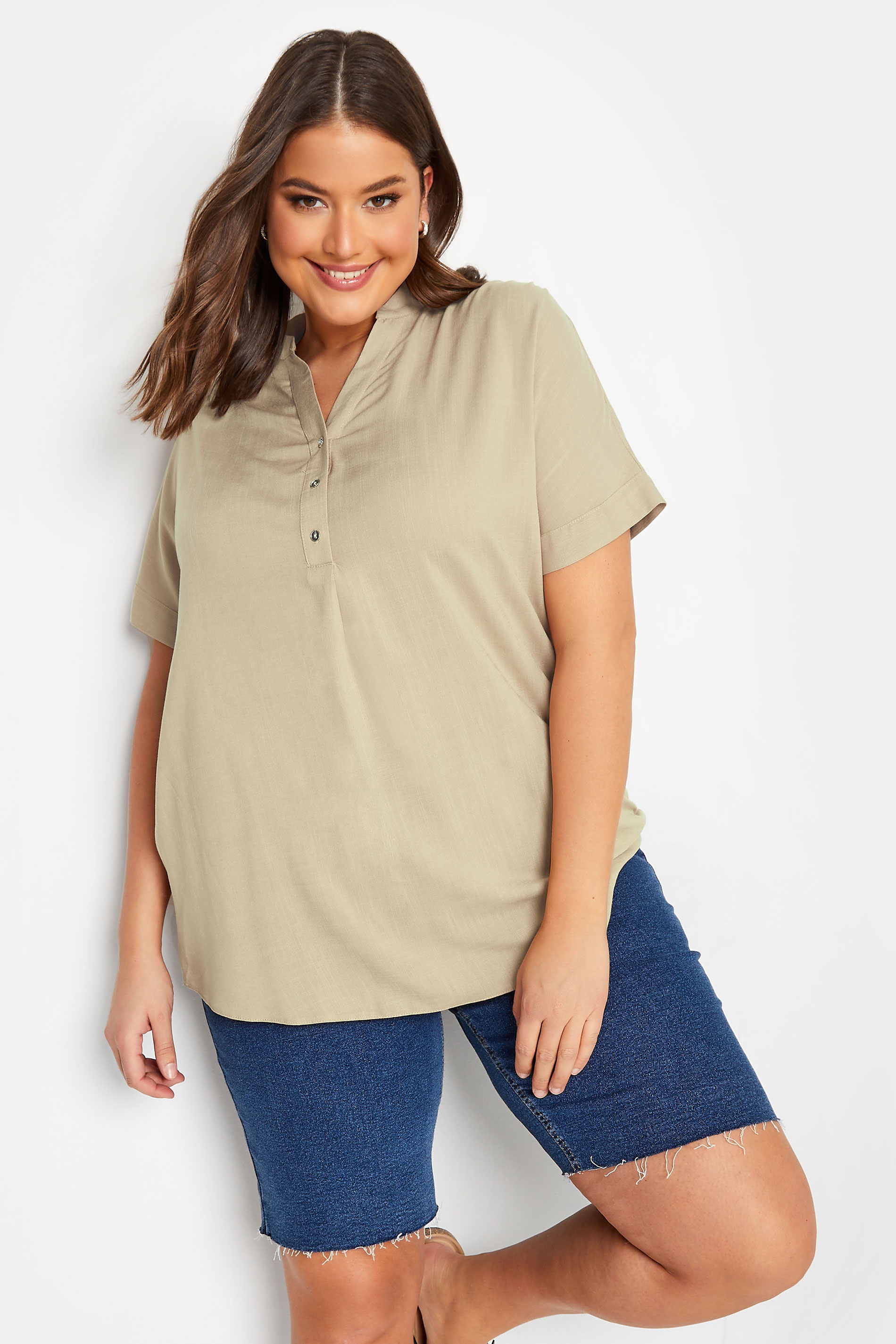 YOURS Plus Size Beige Brown Half Placket Blouse | Yours Clothing 1