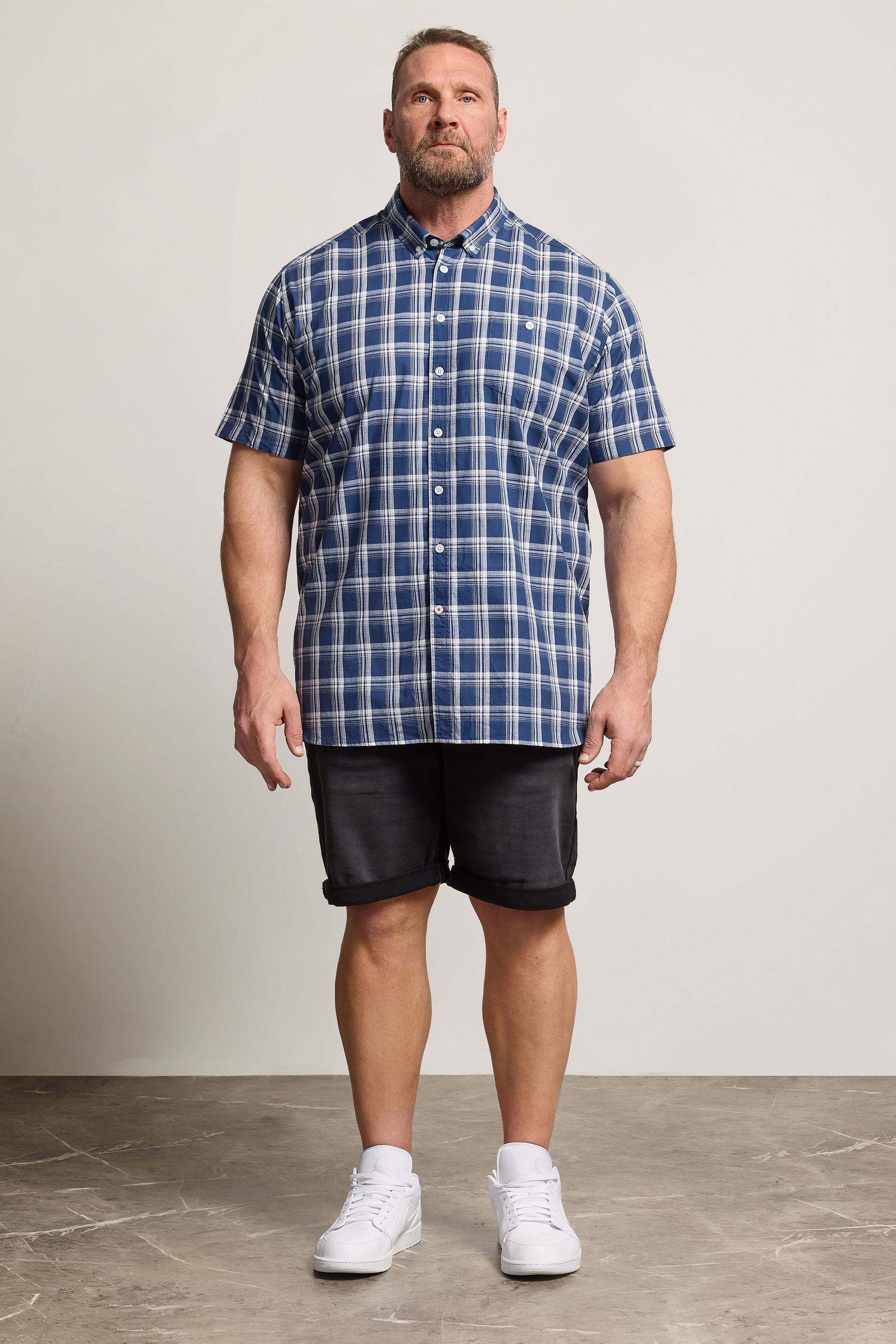 D555 Big & Tall Navy Blue Check Pocket Short Sleeve Shirt | BadRhino 1